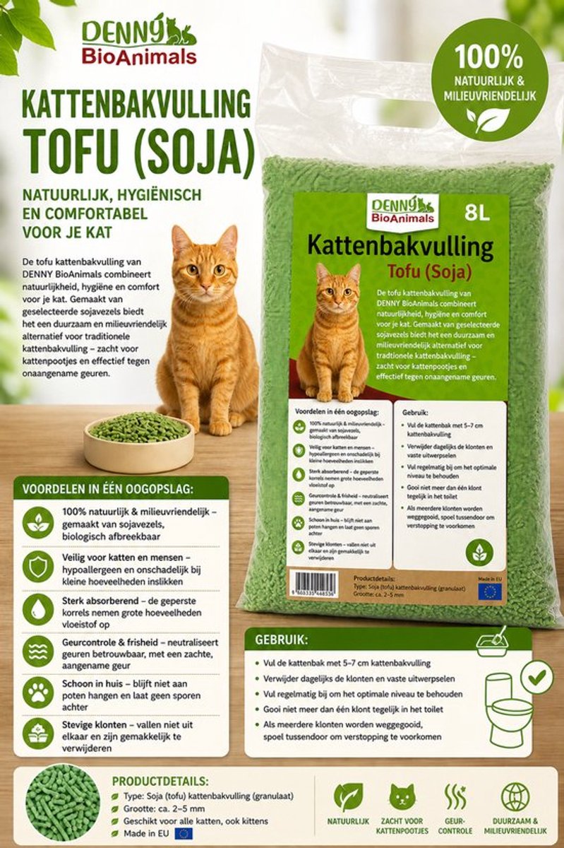 Productfoto 1 van Voordeelpakket 2×8L Denny BioAnimals Tofu Kattenbakvulling 8L – Biologisch Afbreekbaar – Klontvormend – Stofvrij – Geur neutraliserend