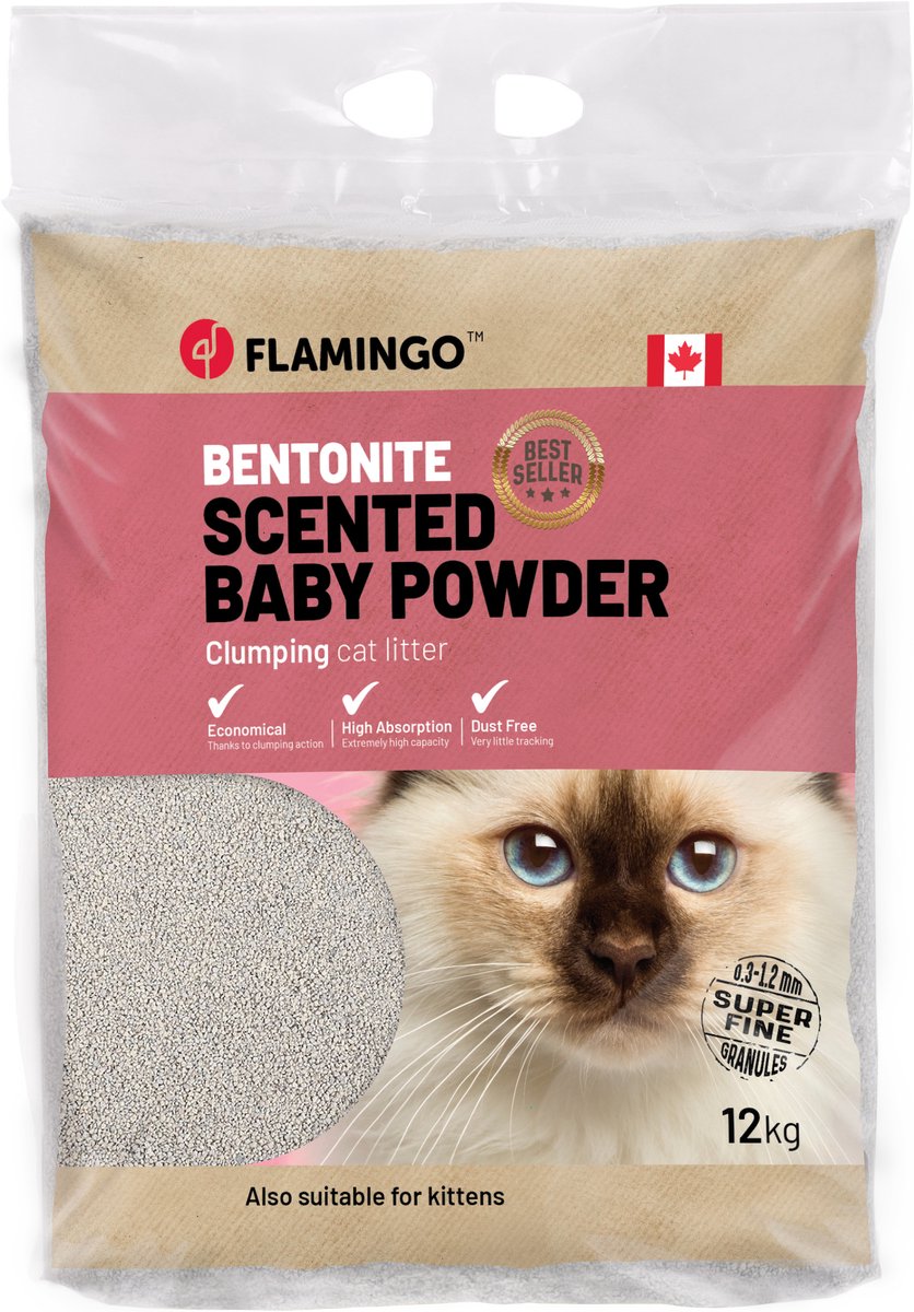 Miniatuur van productfoto 3 van Flamingo Kattenbakvulling Bentoniet met Babypoeder – 12 KG - Super Absorberend, Stofarm, Heerlijke Babypoedergeur, Ook Geschikt voor Kittens – Uit Canada