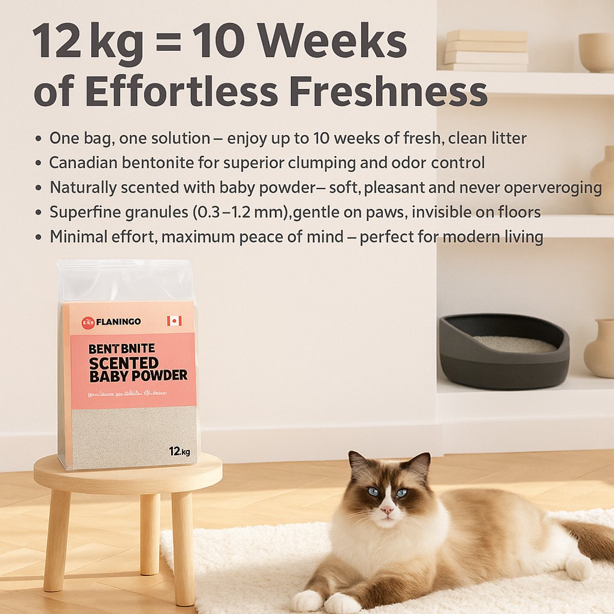 Miniatuur van productfoto 9 van Flamingo Kattenbakvulling Bentoniet met Babypoeder – 12 KG - Super Absorberend, Stofarm, Heerlijke Babypoedergeur, Ook Geschikt voor Kittens – Uit Canada