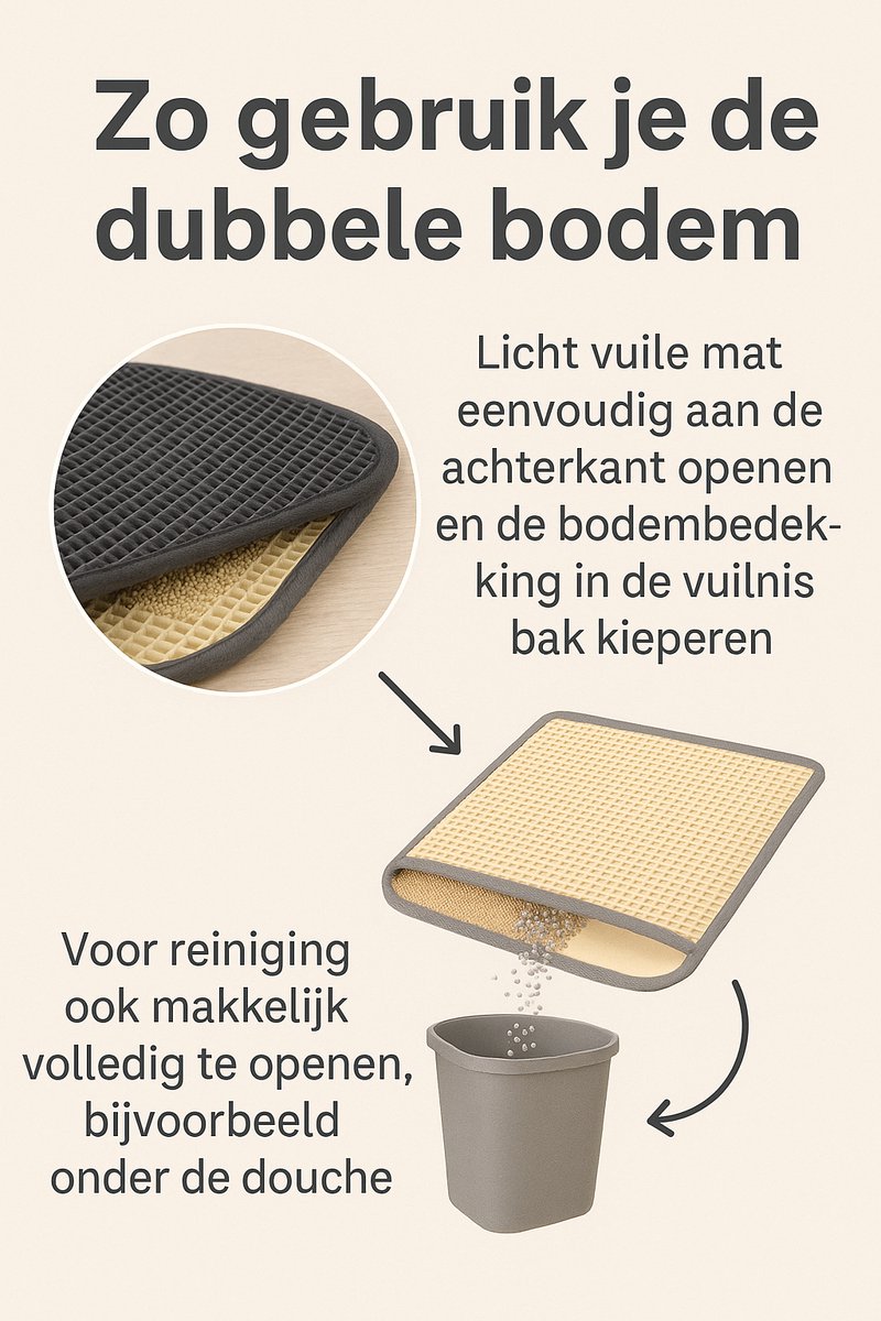 Miniatuur van productfoto 5 van Flamingo Kattenbakmat Matz Beige – 65 cm L x 40 cm B x 1.3 cm H,Antislip, Waterdicht - Honingraatstructuur - Uitloopmat - Placemat Kat - Schoonloopmat Kattenbak - Kattenbak Accessoires - Katten Grit Opvanger - Katten Mat