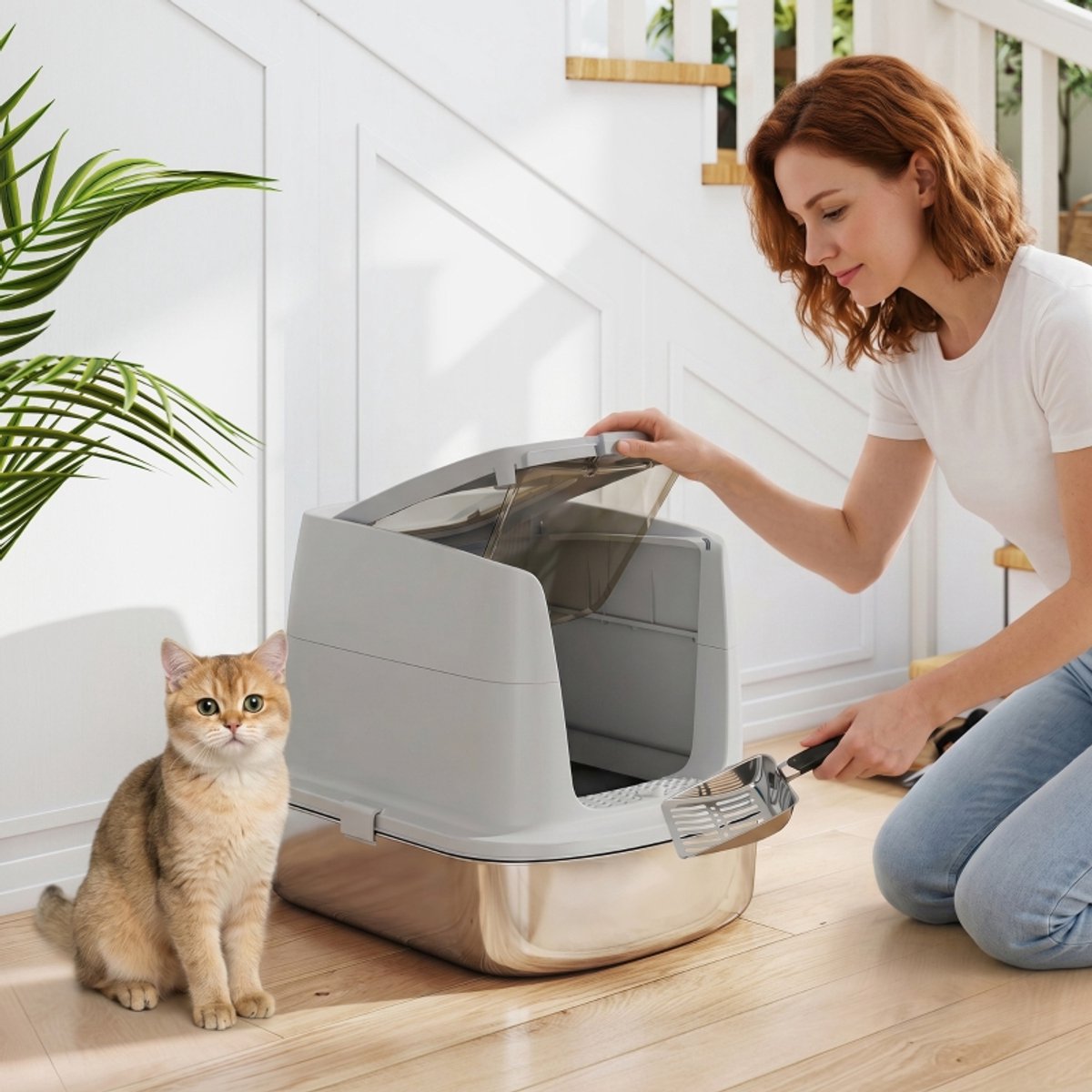 Miniatuur van productfoto 4 van Kattenbak 52,4×41,3×39,8 cm lichtgrijs roestvrij staal kattenbak met deksel katten toilet met vooringang en bovenuitgang inclusief kattenbakschep eenvoudig te reinigen geschikt voor middelgrote en kleine katten