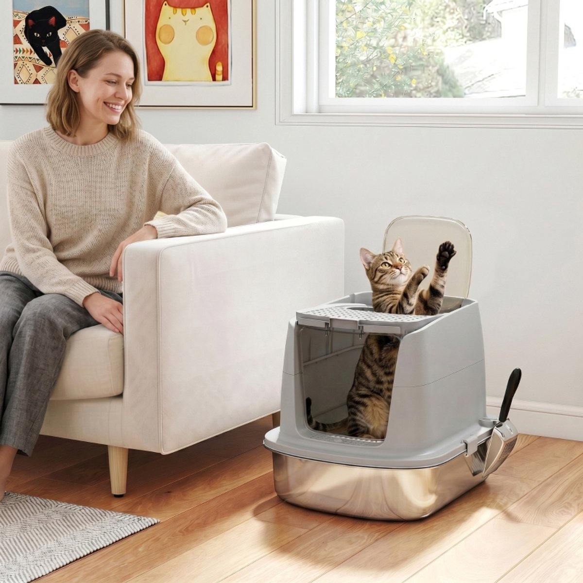 Miniatuur van productfoto 5 van Kattenbak 52,4×41,3×39,8 cm lichtgrijs roestvrij staal kattenbak met deksel katten toilet met vooringang en bovenuitgang inclusief kattenbakschep eenvoudig te reinigen geschikt voor middelgrote en kleine katten