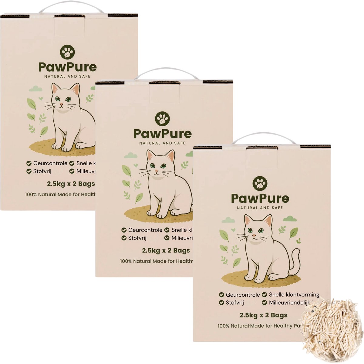 Productfoto 1 van PawPure Kattenbakvulling Tofu & Cassave 15kg (6×2.5kg) - Stofvrij - Snel Klonterend - Sterke Geurcontrole