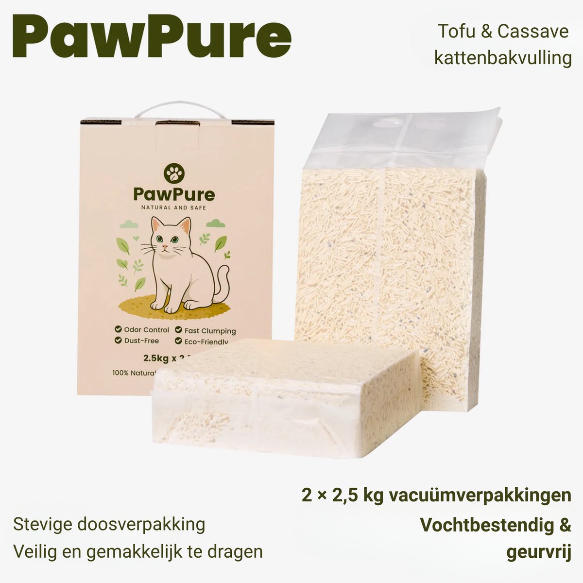 Miniatuur van productfoto 2 van PawPure Kattenbakvulling Tofu & Cassave 15kg (6×2.5kg) - Stofvrij - Snel Klonterend - Sterke Geurcontrole