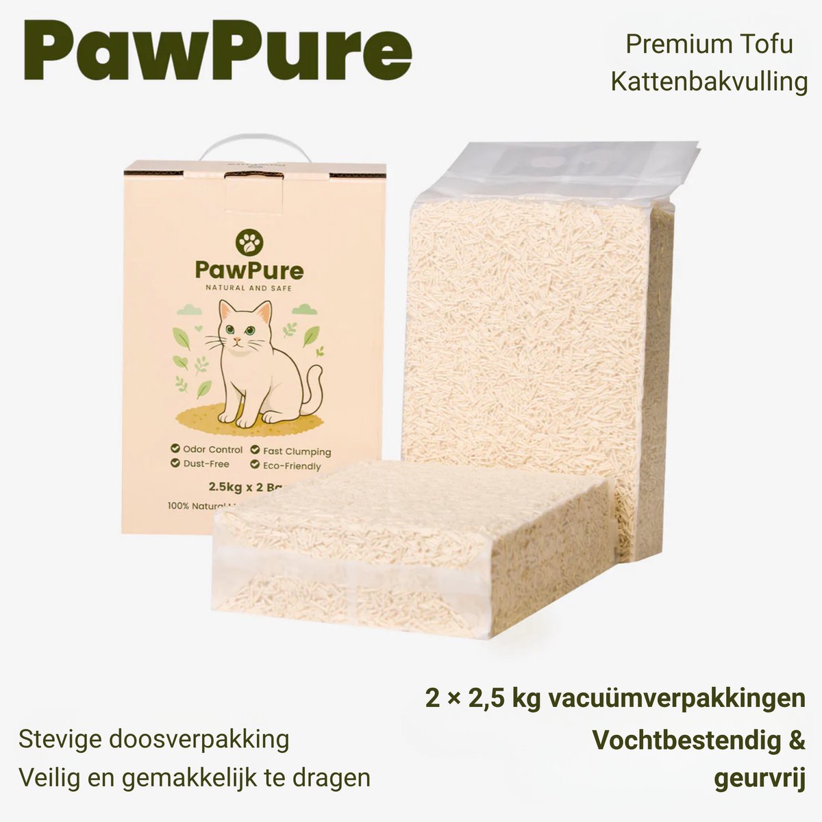 Productfoto 1 van PawPure Tofu Kattenbakvulling 2x2,5kg – Klonterend, Doorspoelbaar, Stofarm, Geurcontrole, Natuurlijk & Milieuvriendelijk
