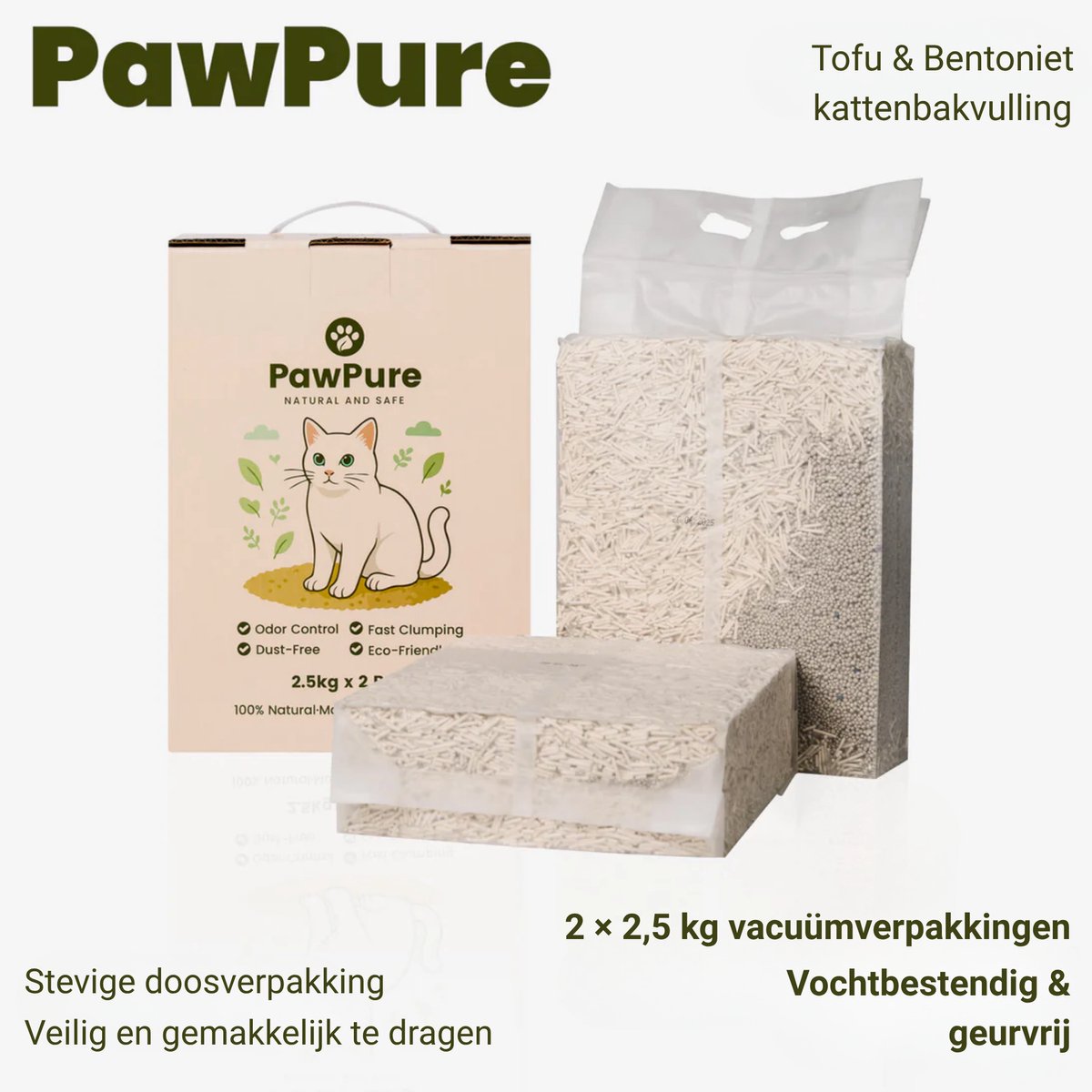 Miniatuur van productfoto 4 van PawPure Kattenbakvulling Tofu & Bentoniet 5kg (2x2,5kg) – Klontvormend, Sterke Geurcontrole, Stofvrij, Natuurlijk & Hygiënisch