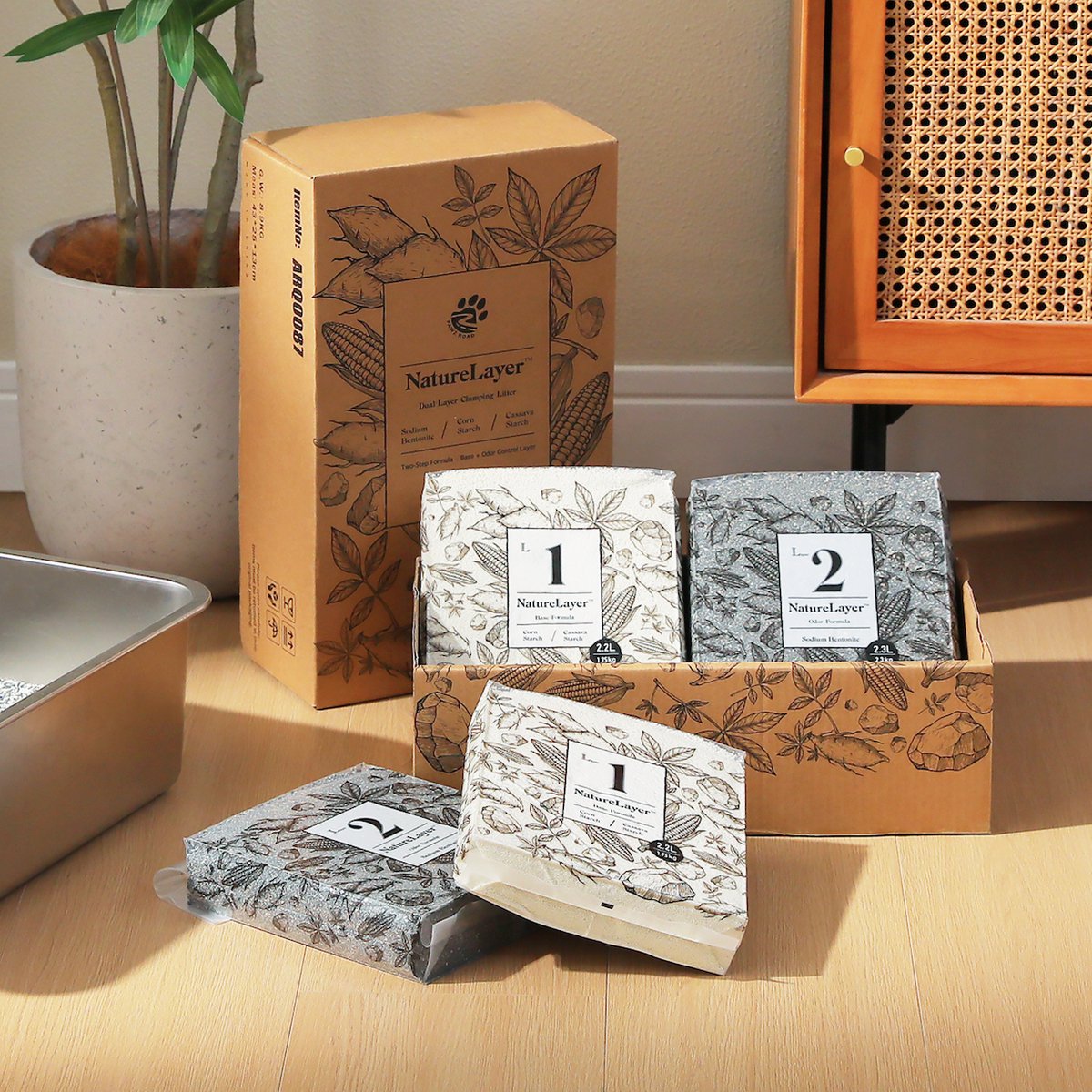Miniatuur van productfoto 10 van EcoPawPaw NatureLayer Hybride Kattenbakvulling Starterset – Cassave & Bentoniet Kattenbakvulling – 4 Zakken + Kartonnen Krabplank – Stofarm – Sterke Klontvorming – Geurcontrole