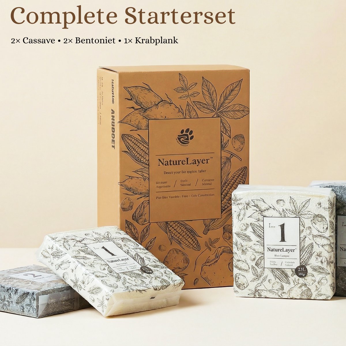 Miniatuur van productfoto 8 van EcoPawPaw NatureLayer Hybride Kattenbakvulling Starterset – Cassave & Bentoniet Kattenbakvulling – 4 Zakken + Kartonnen Krabplank – Stofarm – Sterke Klontvorming – Geurcontrole