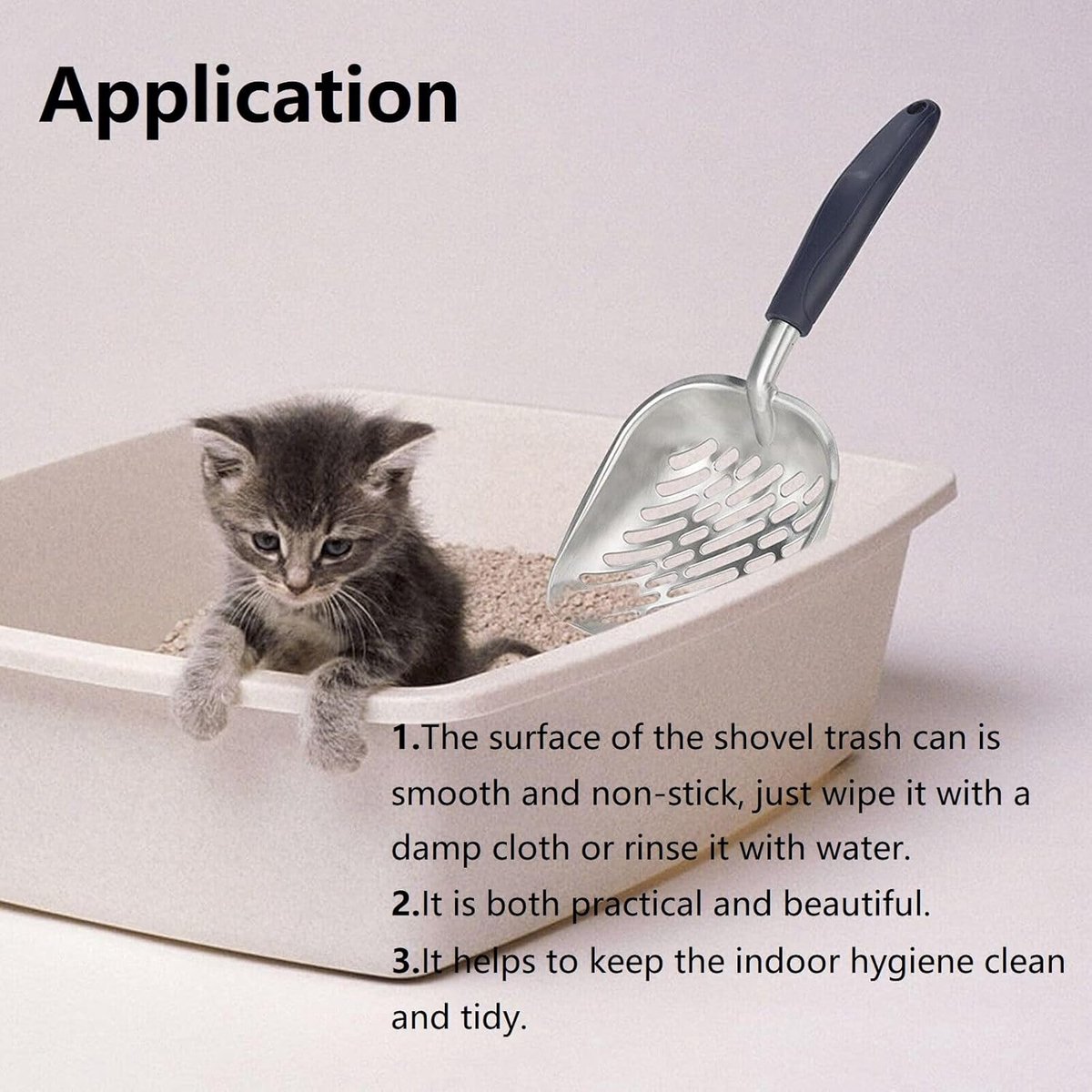 Miniatuur van productfoto 2 van Metalen Kattenbakschep - Ergonomische Kattenbak Zeef met Lange Steel - Duurzaam Aluminium Poepschepje - Antiaanbak Kattenbakvulling Schep - Zwart