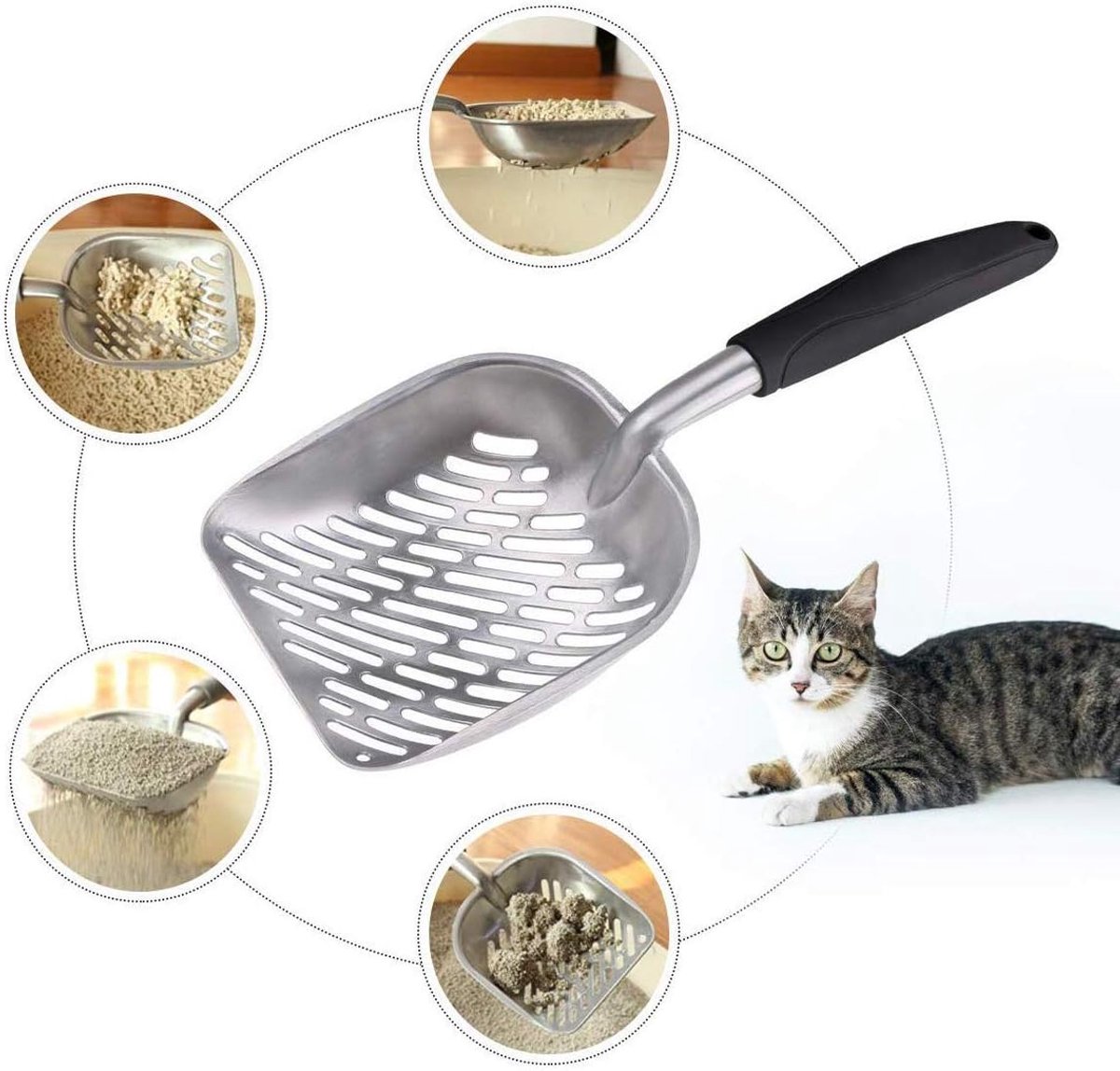 Miniatuur van productfoto 5 van Metalen Kattenbakschep - Ergonomische Kattenbak Zeef met Lange Steel - Duurzaam Aluminium Poepschepje - Antiaanbak Kattenbakvulling Schep - Zwart