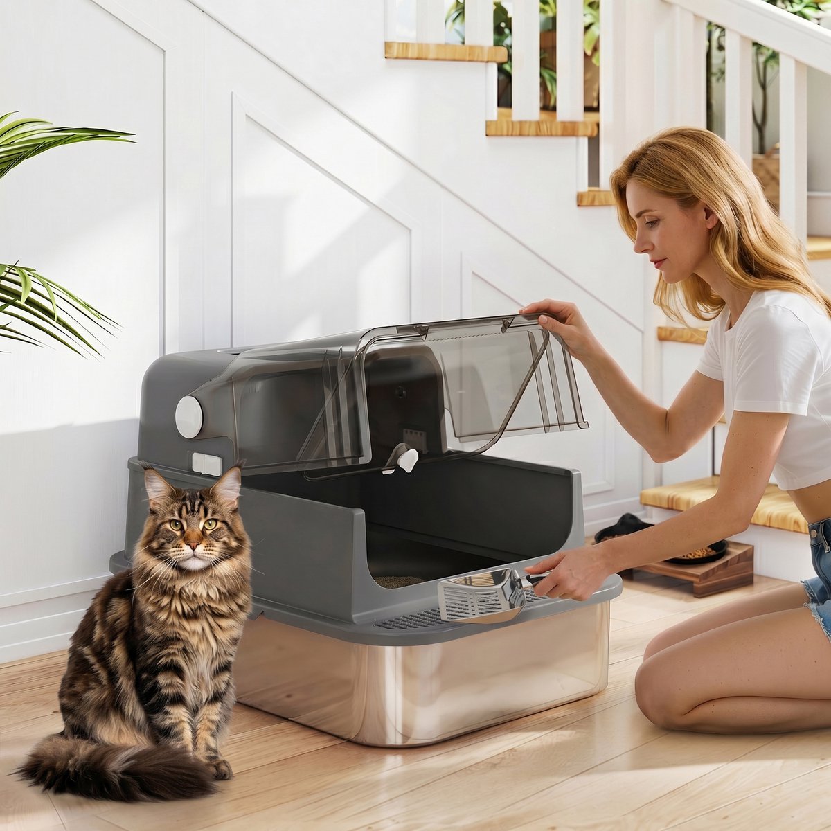 Miniatuur van productfoto 2 van Kattenbak RVS met Deksel XXL 72L - Ideaal voor grote en meerdere katten - Dubbele deuren - Pedaalbediening - Lekbestendig ontwerp - Inclusief schep