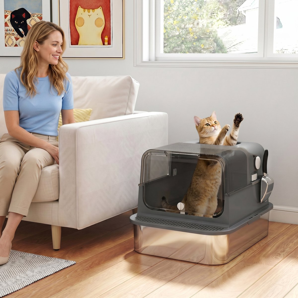 Miniatuur van productfoto 3 van Kattenbak RVS met Deksel XXL 72L - Ideaal voor grote en meerdere katten - Dubbele deuren - Pedaalbediening - Lekbestendig ontwerp - Inclusief schep