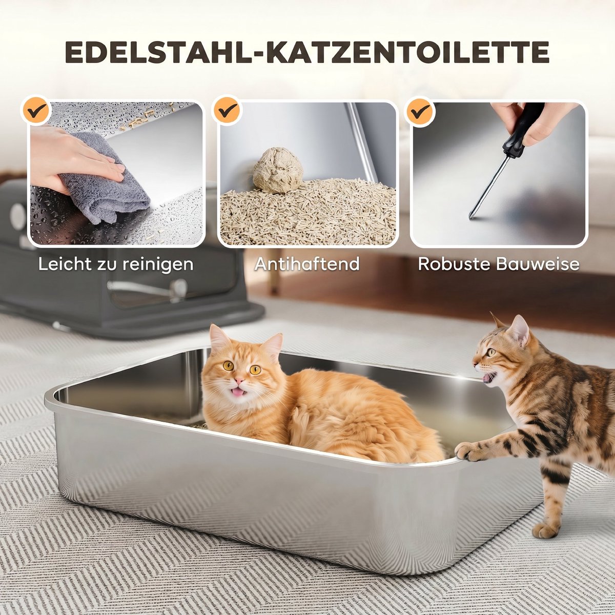 Miniatuur van productfoto 5 van Kattenbak RVS met Deksel XXL 72L - Ideaal voor grote en meerdere katten - Dubbele deuren - Pedaalbediening - Lekbestendig ontwerp - Inclusief schep