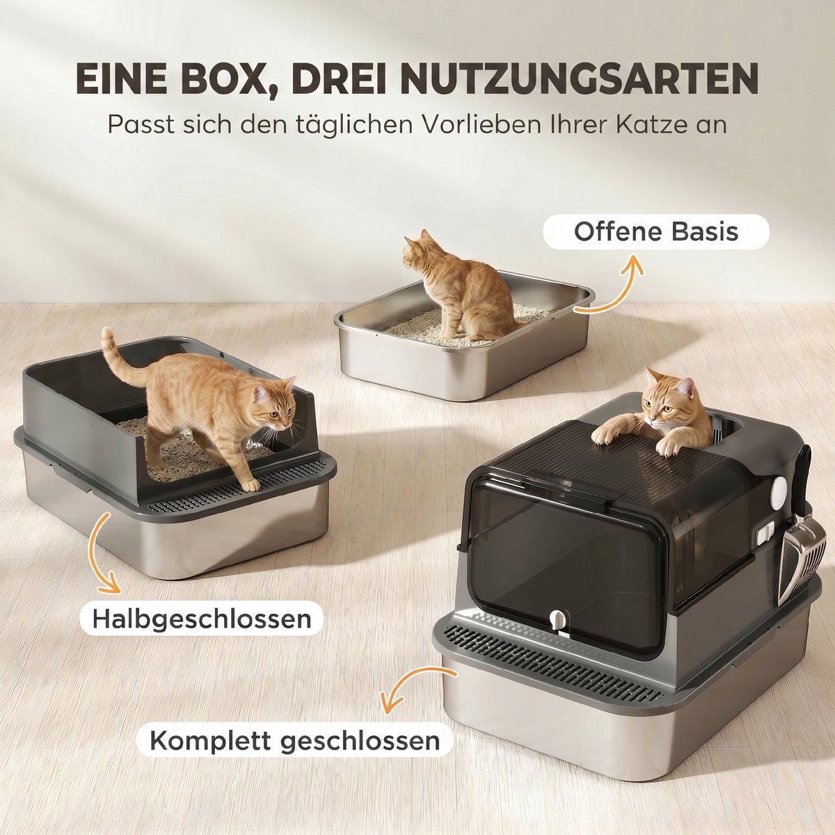 Miniatuur van productfoto 7 van Kattenbak RVS met Deksel XXL 72L - Ideaal voor grote en meerdere katten - Dubbele deuren - Pedaalbediening - Lekbestendig ontwerp - Inclusief schep