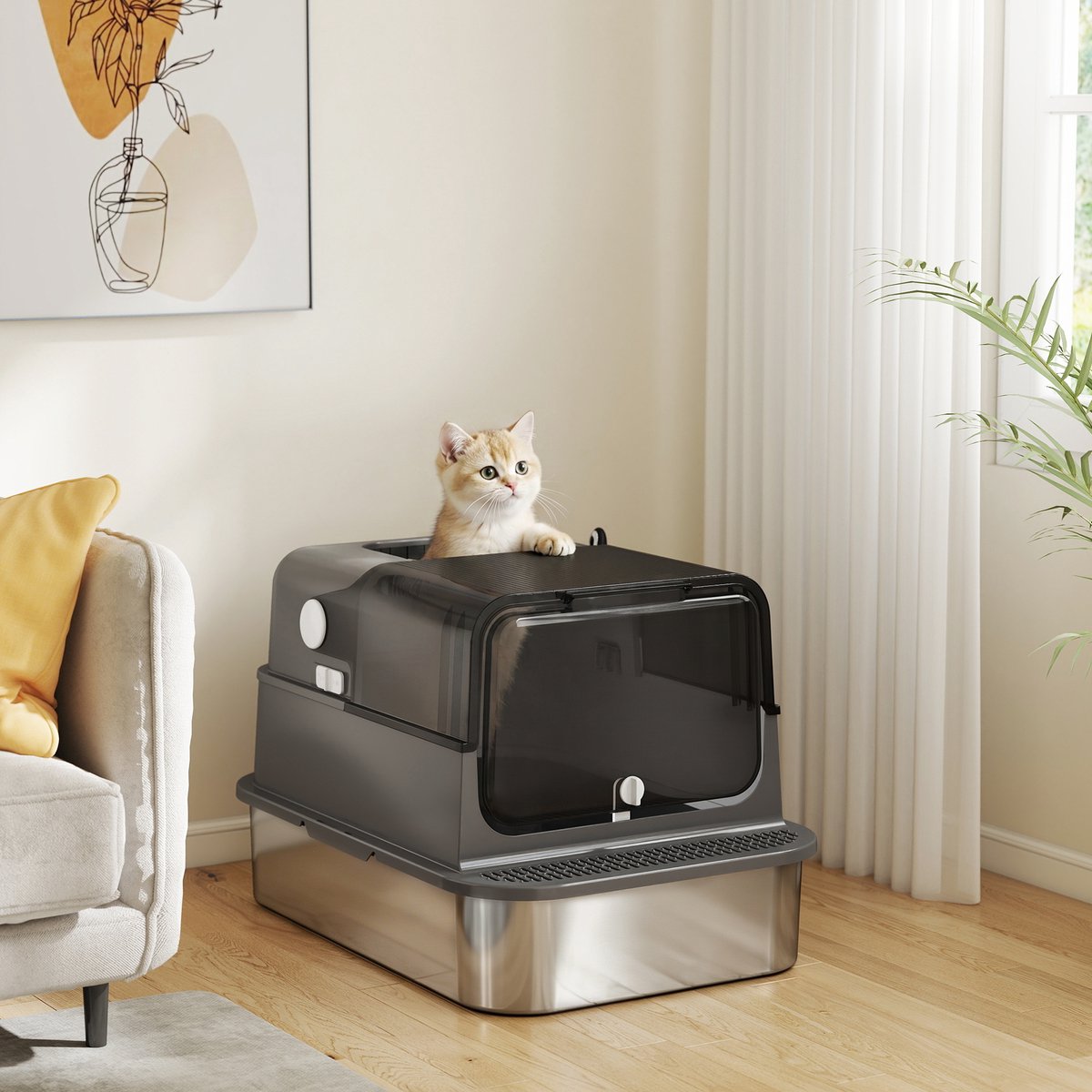 Miniatuur van productfoto 9 van Kattenbak RVS met Deksel XXL 72L - Ideaal voor grote en meerdere katten - Dubbele deuren - Pedaalbediening - Lekbestendig ontwerp - Inclusief schep