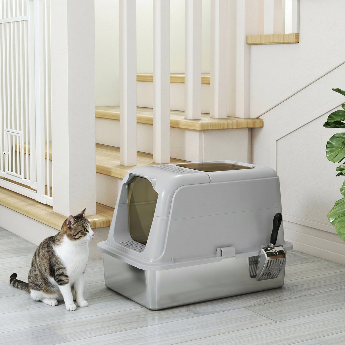 Miniatuur van productfoto 10 van Kattenbak met deksel - Vooringang - Bovenuitgang - Inclusief schep - Roestvrij staal - Tot 8 kg