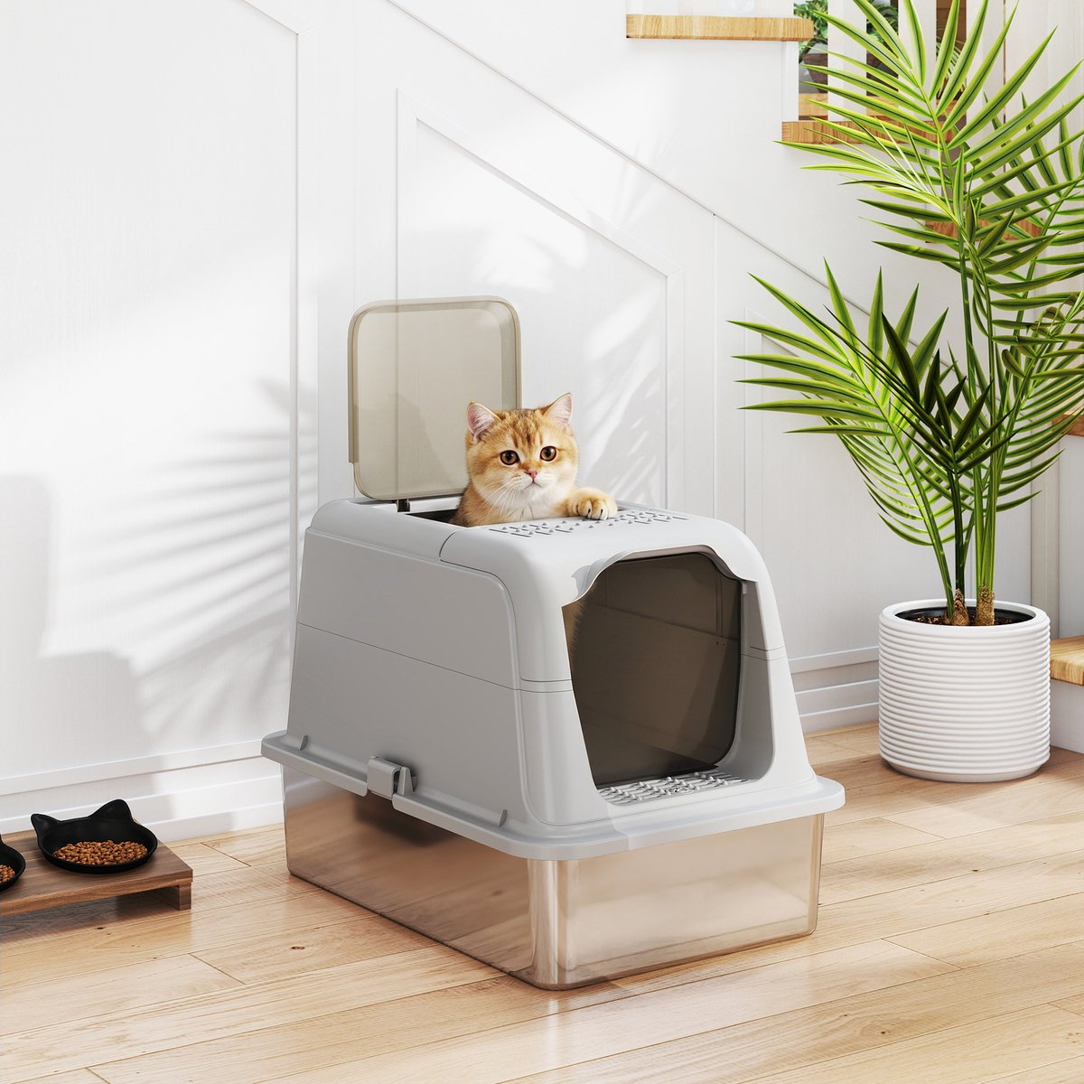 Miniatuur van productfoto 3 van Kattenbak met deksel - Vooringang - Bovenuitgang - Inclusief schep - Roestvrij staal - Tot 8 kg