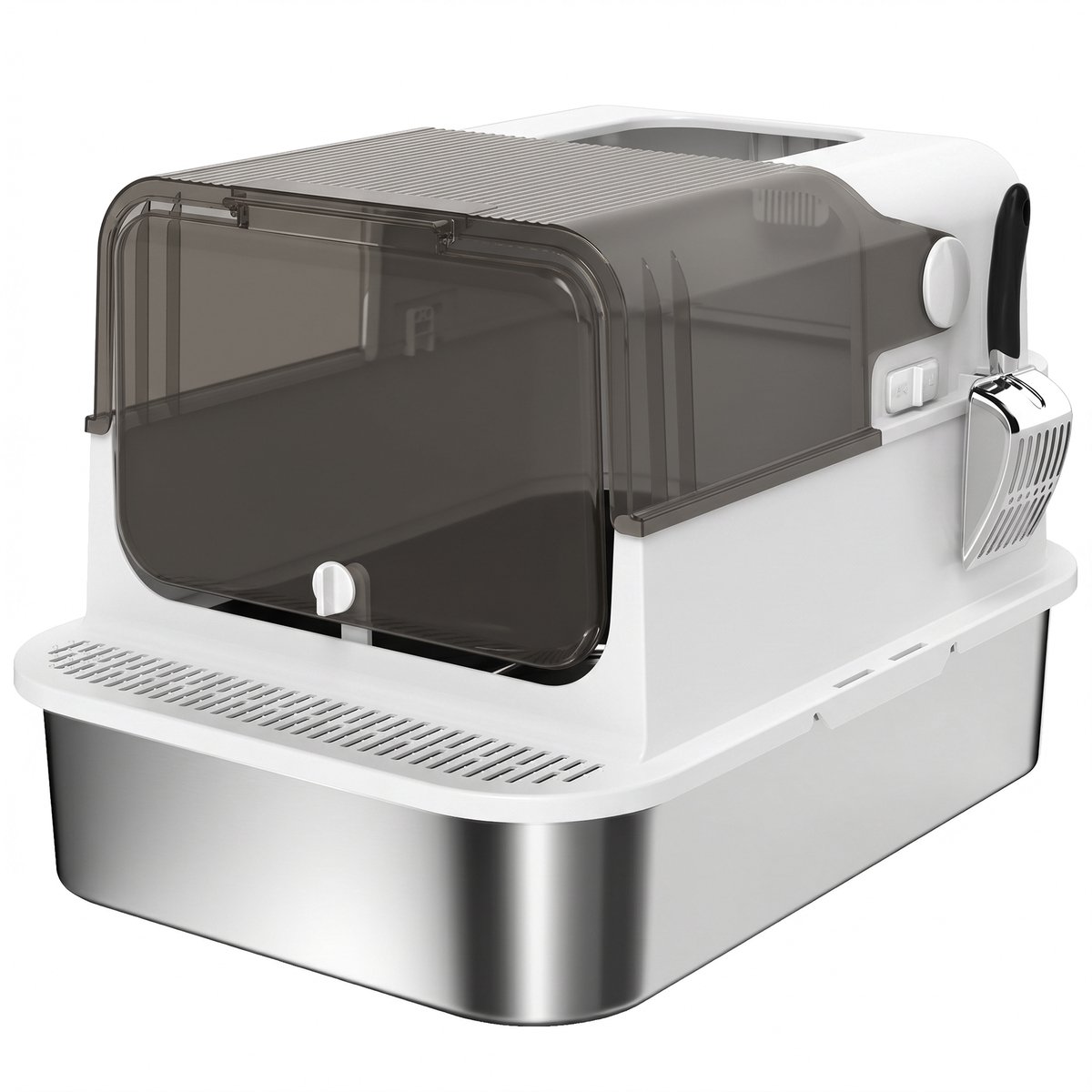 Miniatuur van productfoto 11 van Kattenbak roestvrij staal met deksel XXL 72L - voor grote en meerdere katten - dubbele deuren - pedaalbediening - lekvrij ontwerp - inclusief schep