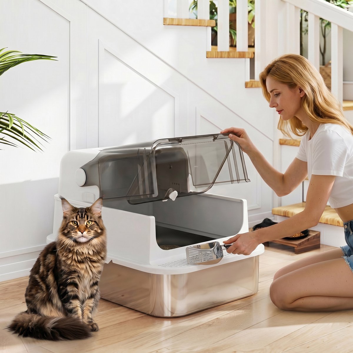 Miniatuur van productfoto 2 van Kattenbak roestvrij staal met deksel XXL 72L - voor grote en meerdere katten - dubbele deuren - pedaalbediening - lekvrij ontwerp - inclusief schep