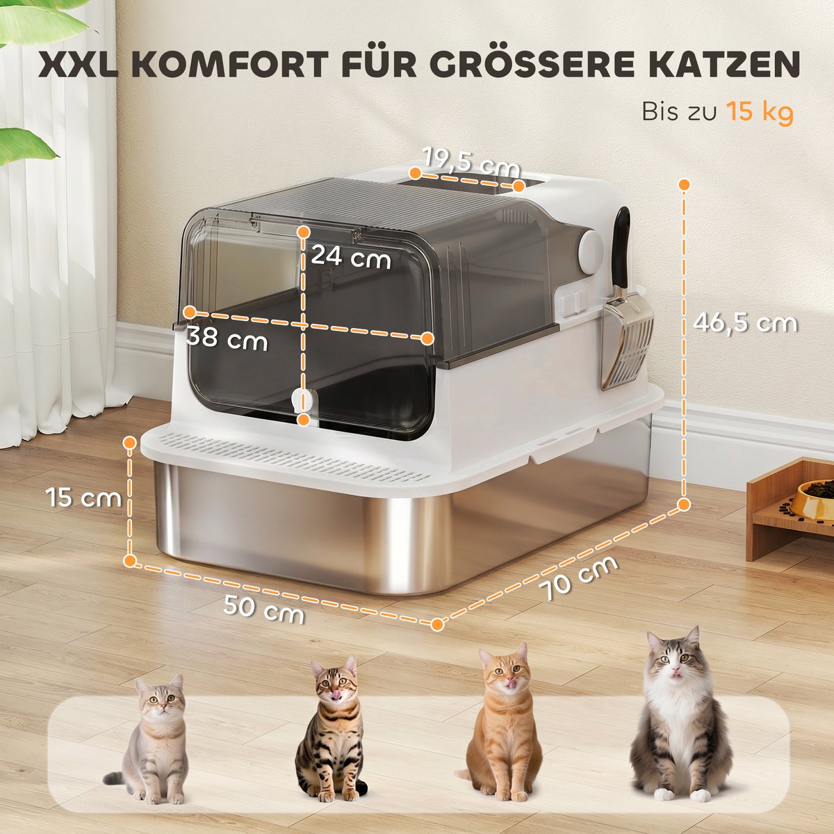 Miniatuur van productfoto 4 van Kattenbak roestvrij staal met deksel XXL 72L - voor grote en meerdere katten - dubbele deuren - pedaalbediening - lekvrij ontwerp - inclusief schep