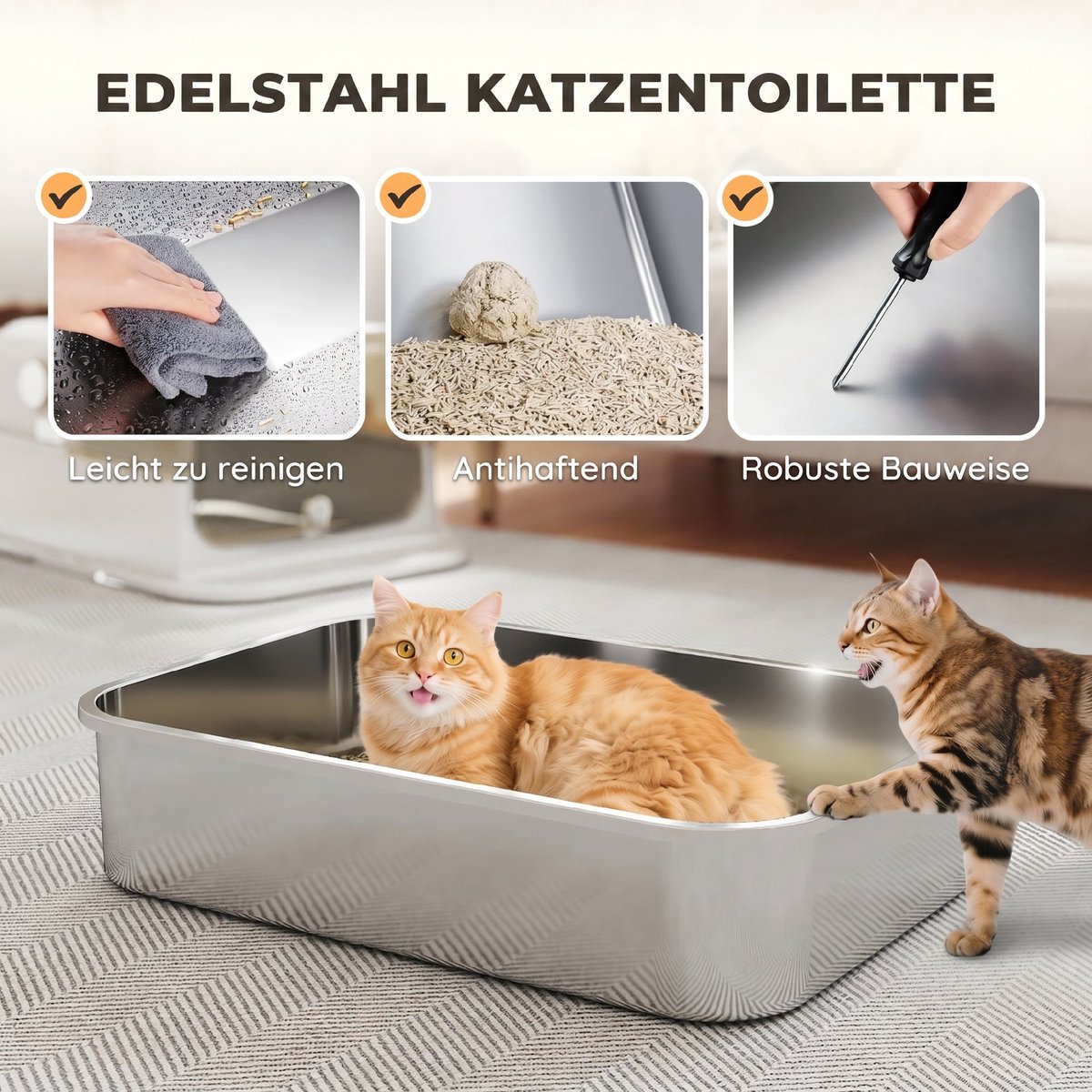 Miniatuur van productfoto 5 van Kattenbak roestvrij staal met deksel XXL 72L - voor grote en meerdere katten - dubbele deuren - pedaalbediening - lekvrij ontwerp - inclusief schep