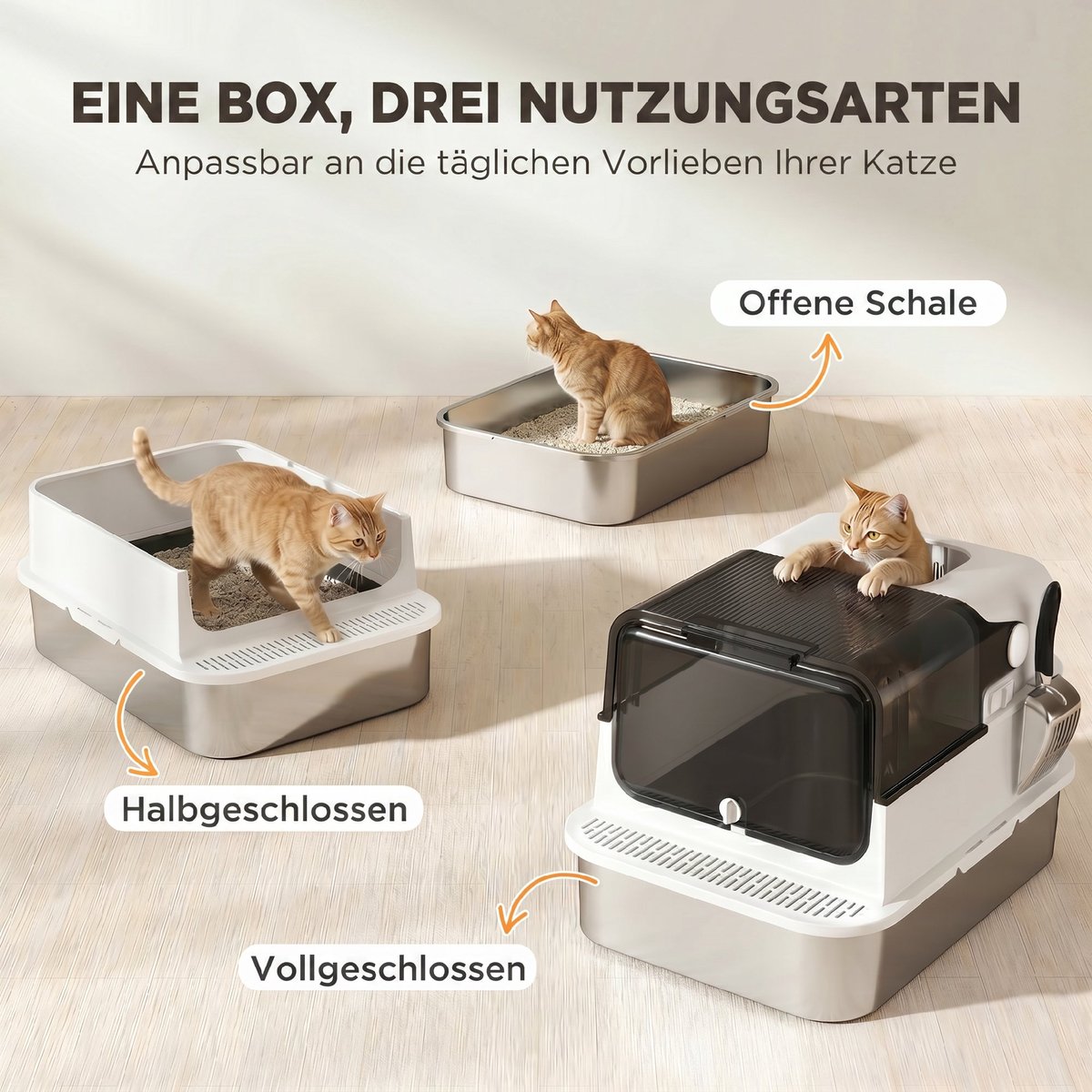 Miniatuur van productfoto 7 van Kattenbak roestvrij staal met deksel XXL 72L - voor grote en meerdere katten - dubbele deuren - pedaalbediening - lekvrij ontwerp - inclusief schep