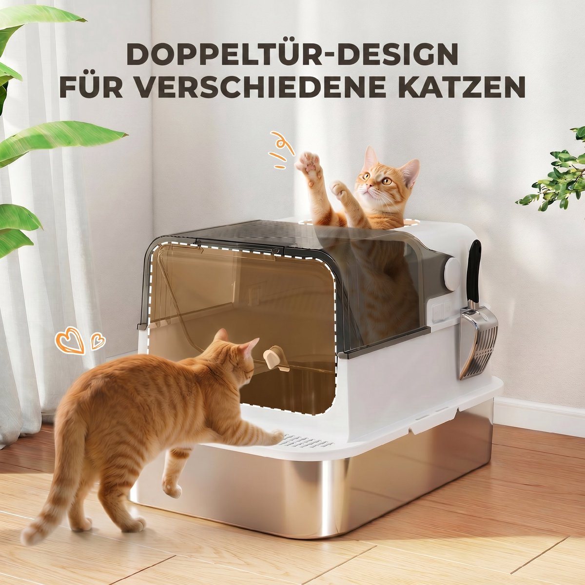 Miniatuur van productfoto 8 van Kattenbak roestvrij staal met deksel XXL 72L - voor grote en meerdere katten - dubbele deuren - pedaalbediening - lekvrij ontwerp - inclusief schep