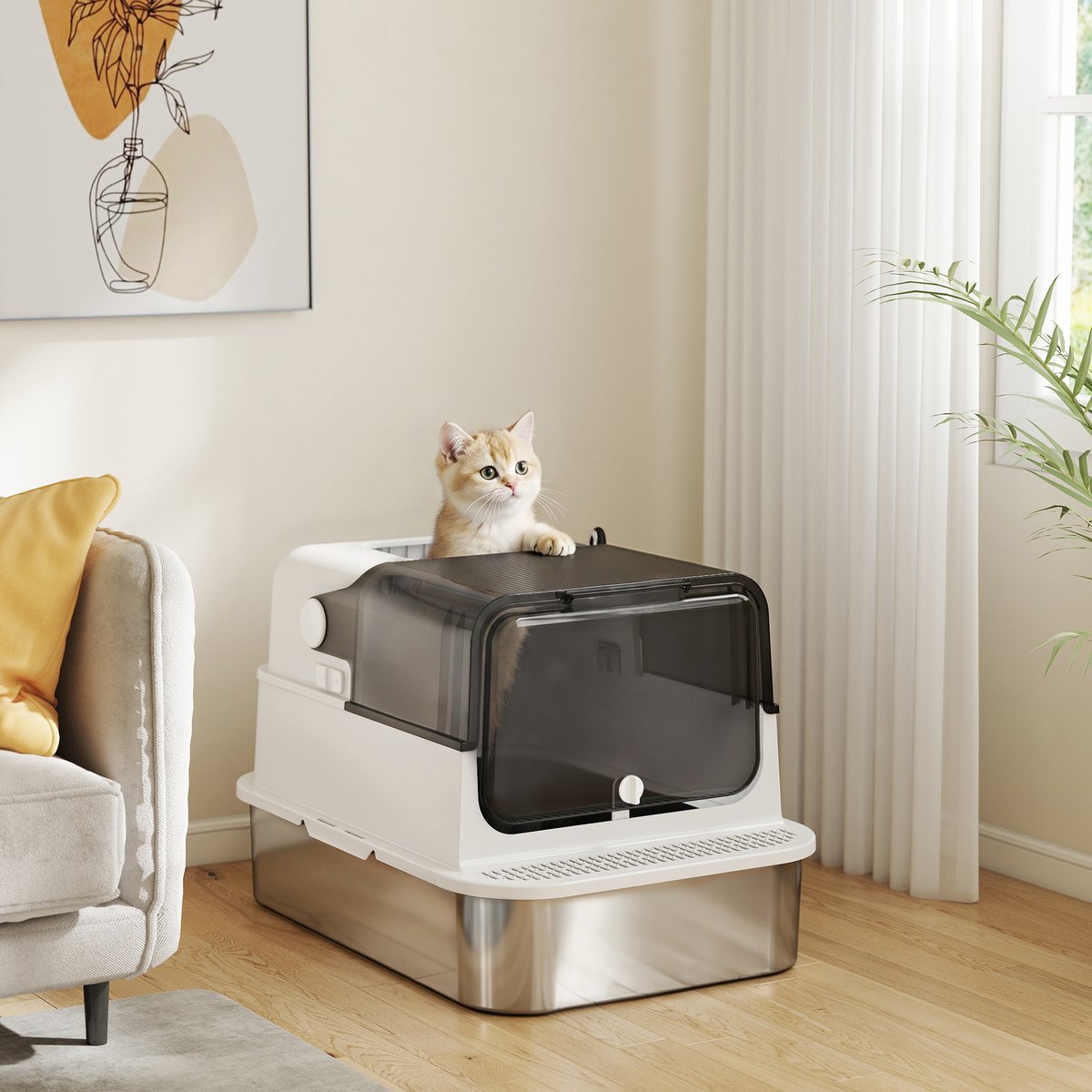 Miniatuur van productfoto 9 van Kattenbak roestvrij staal met deksel XXL 72L - voor grote en meerdere katten - dubbele deuren - pedaalbediening - lekvrij ontwerp - inclusief schep