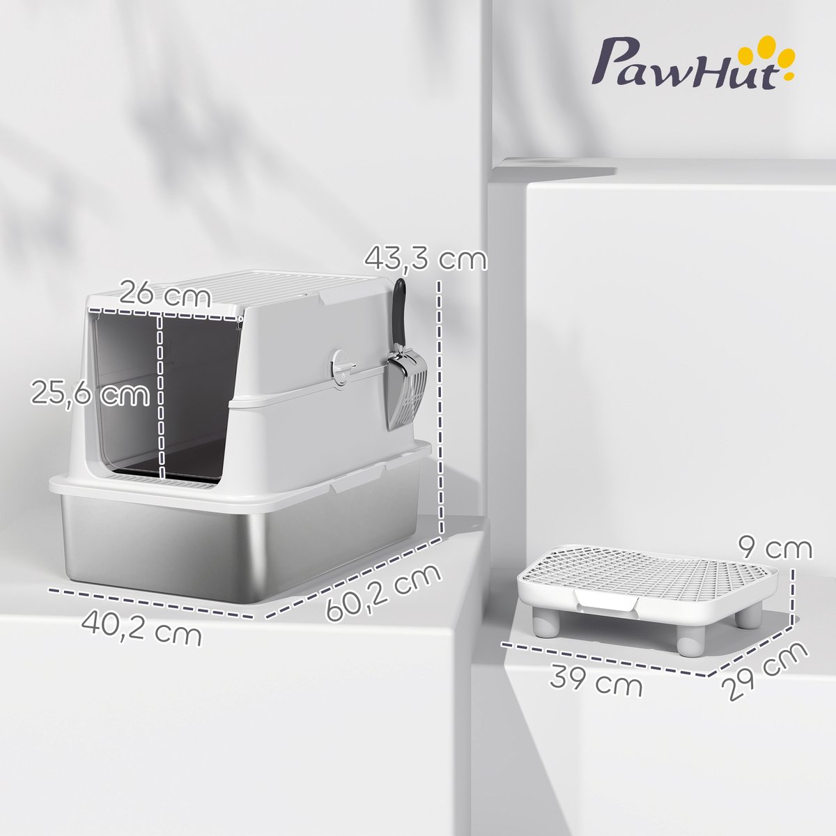 Miniatuur van productfoto 5 van Kattenbak Roestvrijstalen XL - Grote binnenruimte - Inclusief schep - Lichtgrijs - Duurzaam materiaal - Eenvoudig schoon te maken