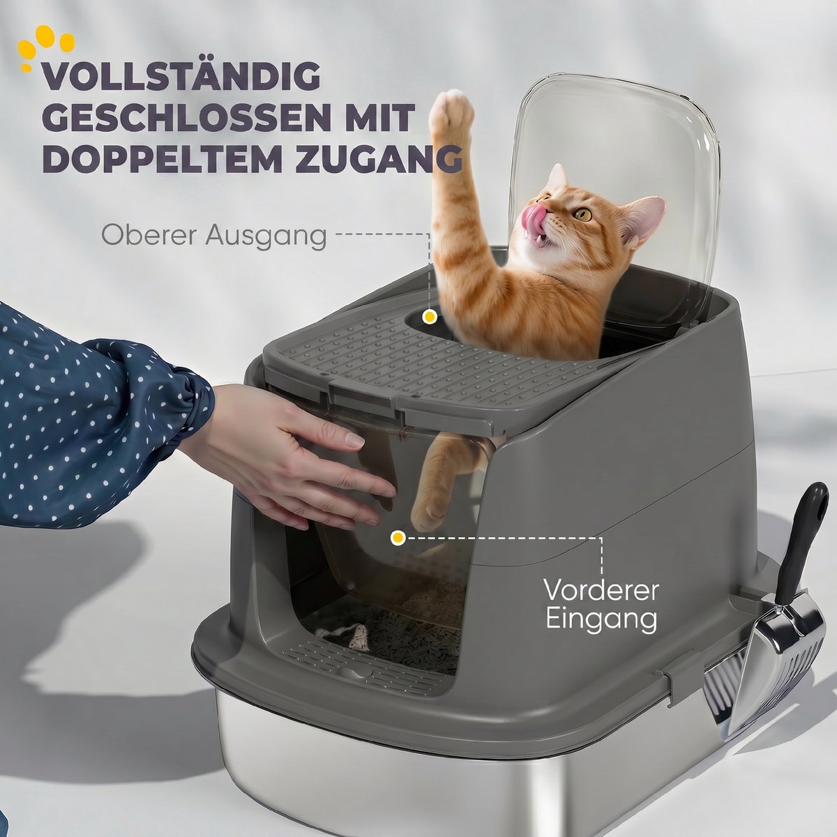 Miniatuur van productfoto 6 van Grote roestvrijstalen kattenbak - gesloten ontwerp - metalen schep - geurzakje - donkergrijs - groot formaat