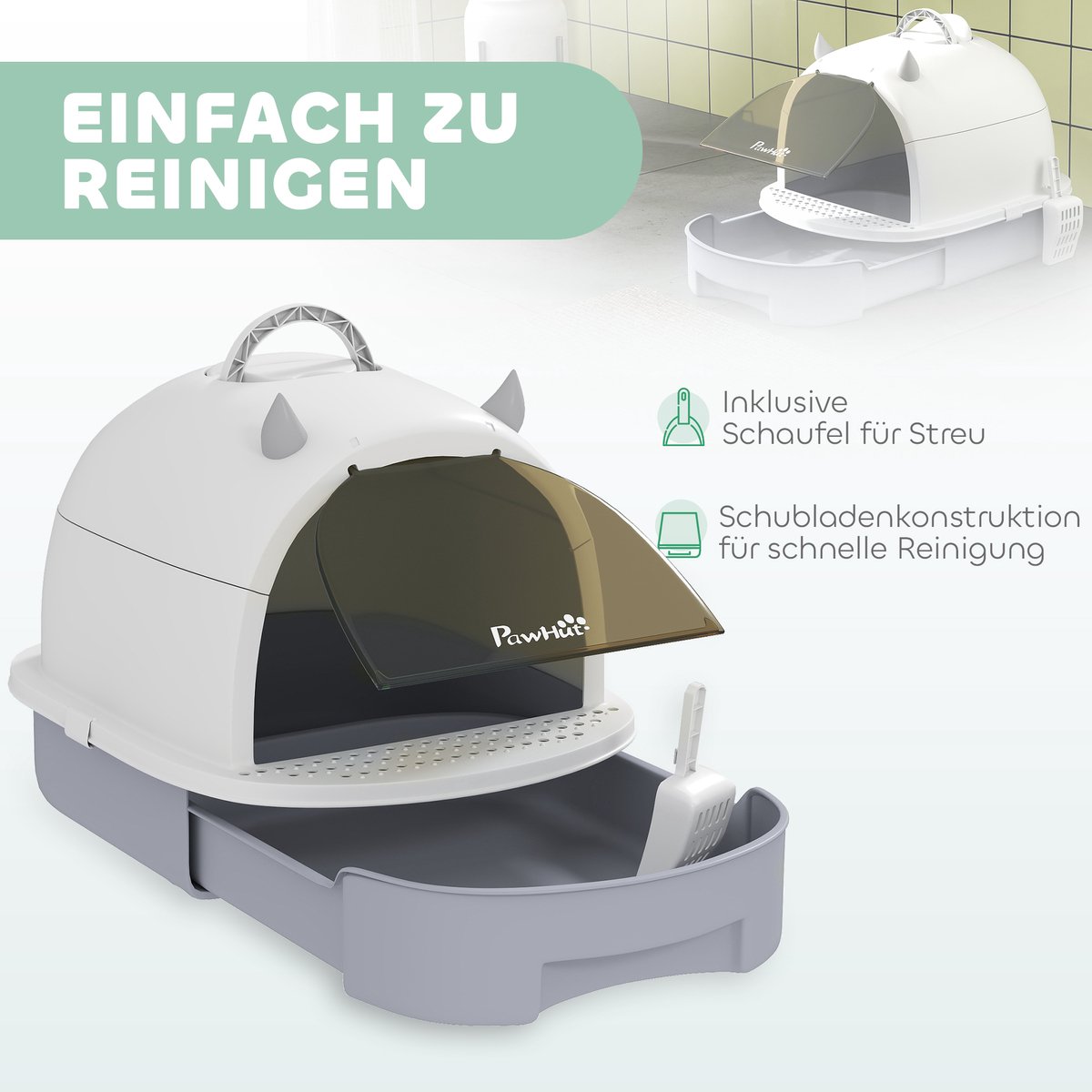 Miniatuur van productfoto 6 van Grijze kattenbak met deksel - Met schep - Met bodemschuif - Met ingangspedaal - Voor katten tot 5 kg - Afmeting 40,5x52x39 cm