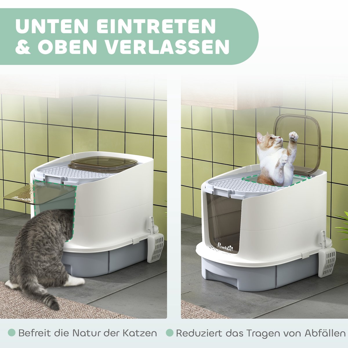 Miniatuur van productfoto 7 van Kattenbak met deksel en bovenliggende ingang - Uitschuifbare lade - Inclusief schep - Geschikt voor katten tot 4,5 kg - Afmetingen 40,5x52,5x42,5 cm - Kleur grijs