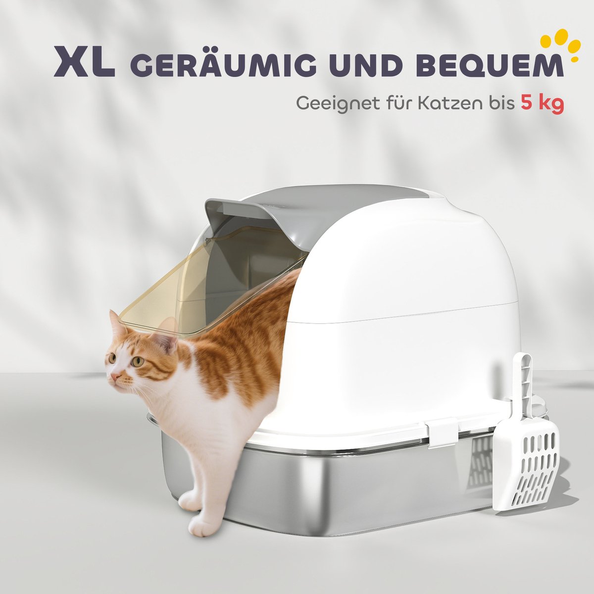 Miniatuur van productfoto 7 van Kattenbak Roestvrijstaal met deksel - Inclusief opvangbak en schepje - Voor katten tot 5 kg - Eenvoudig te reinigen - Afmetingen 52,4 x 41,3 x 42 cm - Kleur wit