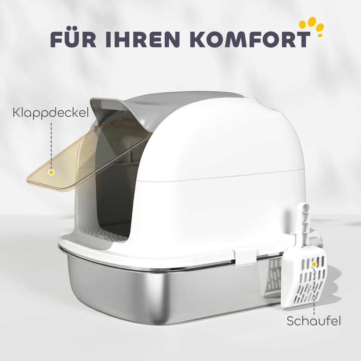 Miniatuur van productfoto 8 van Kattenbak Roestvrijstaal met deksel - Inclusief opvangbak en schepje - Voor katten tot 5 kg - Eenvoudig te reinigen - Afmetingen 52,4 x 41,3 x 42 cm - Kleur wit