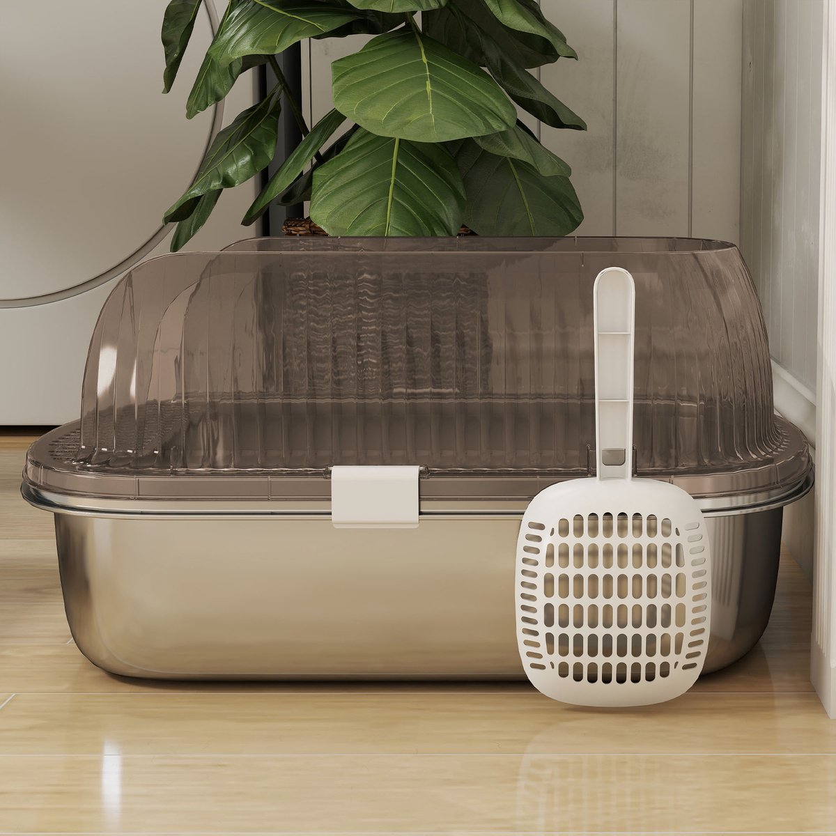 Miniatuur van productfoto 10 van Roestvrijstalen kattenbak met hoge rand - Inclusief schep - Geschikt voor grote katten - Afmetingen 53x42x27 cm - Kleur koolgrijs