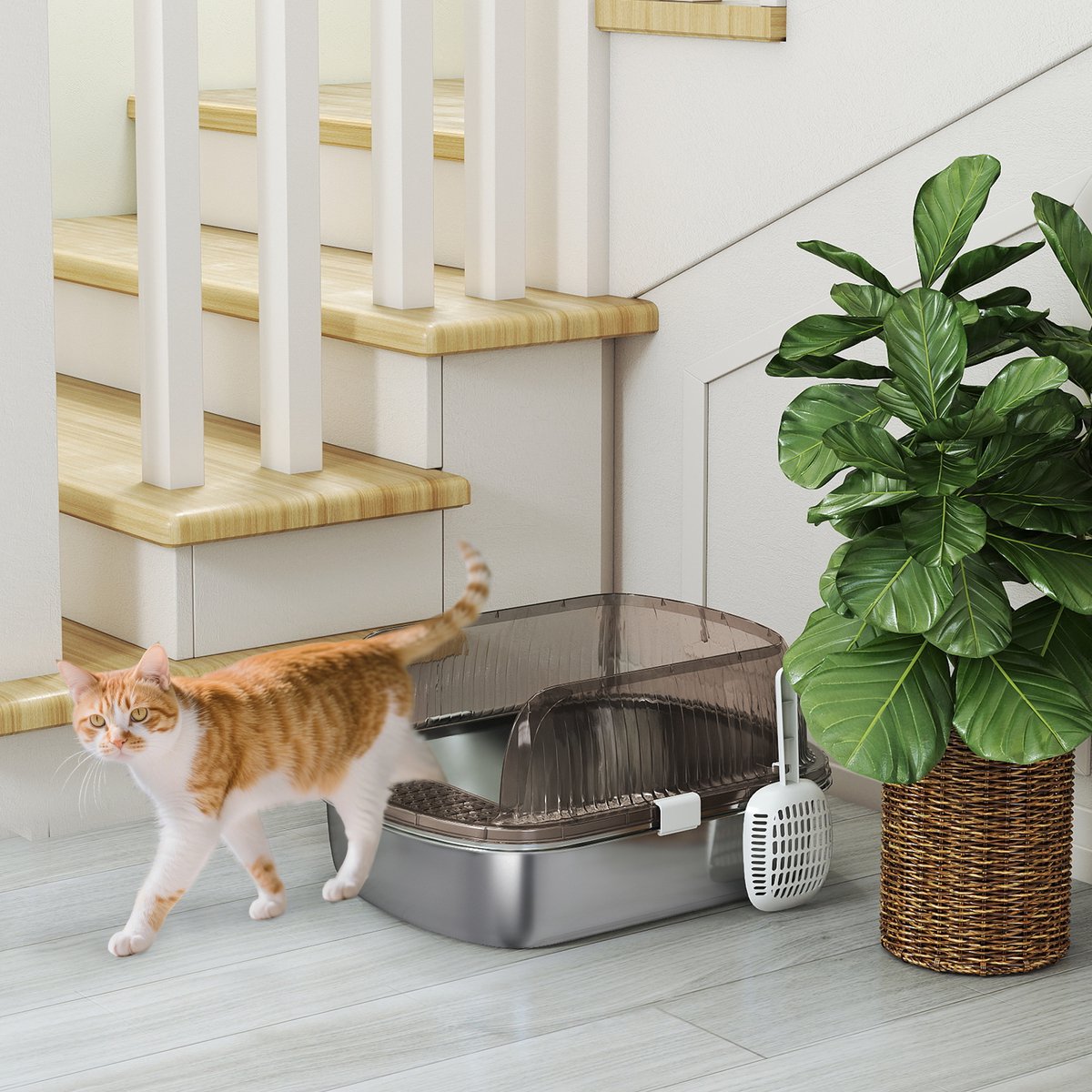 Miniatuur van productfoto 8 van Roestvrijstalen kattenbak met hoge rand - Inclusief schep - Geschikt voor grote katten - Afmetingen 53x42x27 cm - Kleur koolgrijs