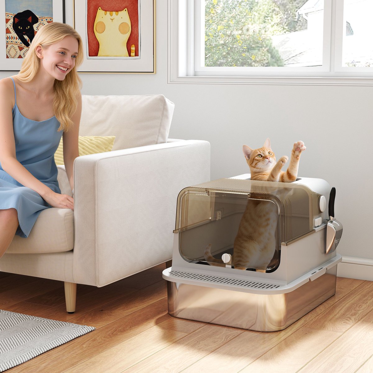 Miniatuur van productfoto 5 van Cellista XXL Kattenbak Grote Katten - RVS Kattenbak met Deksel - Geurloze Katten Toilet - Top Entry Kattenbak - Anti Lek - Inclusief Schep - 70 cm