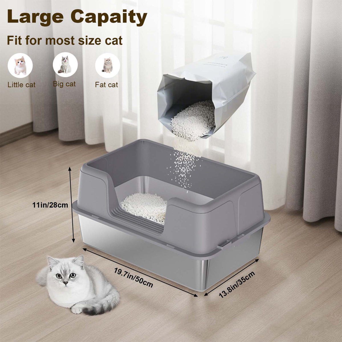 Miniatuur van productfoto 3 van RVS kattenbak - Extra grote metalen kattenbak met hoge randen - geurcontrole - antislip pootjes & schepje - makkelijk te reinigen - 50x35x28 cm - Grijs