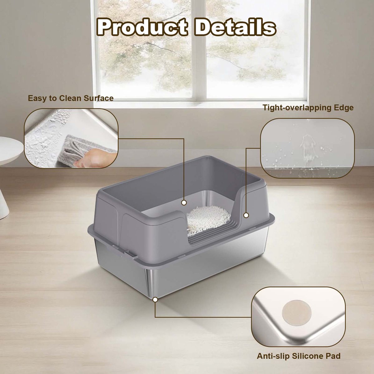 Miniatuur van productfoto 6 van RVS kattenbak - Extra grote metalen kattenbak met hoge randen - geurcontrole - antislip pootjes & schepje - makkelijk te reinigen - 50x35x28 cm - Grijs