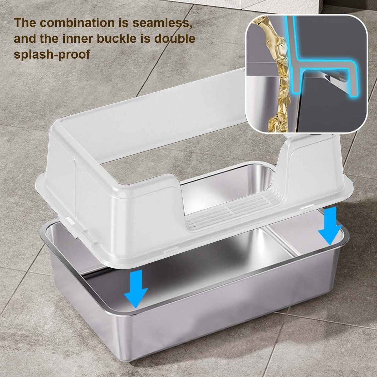 Miniatuur van productfoto 2 van RVS kattenbak - Extra grote metalen kattenbak met hoge randen - geurcontrole - antislip pootjes & schepje - makkelijk te reinigen - 50x35x28 cm - wit