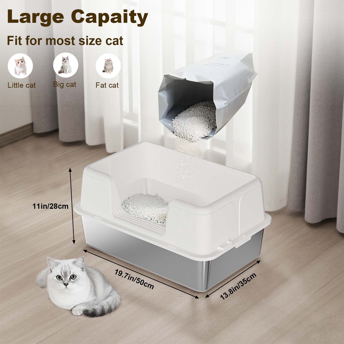 Miniatuur van productfoto 3 van RVS kattenbak - Extra grote metalen kattenbak met hoge randen - geurcontrole - antislip pootjes & schepje - makkelijk te reinigen - 50x35x28 cm - wit