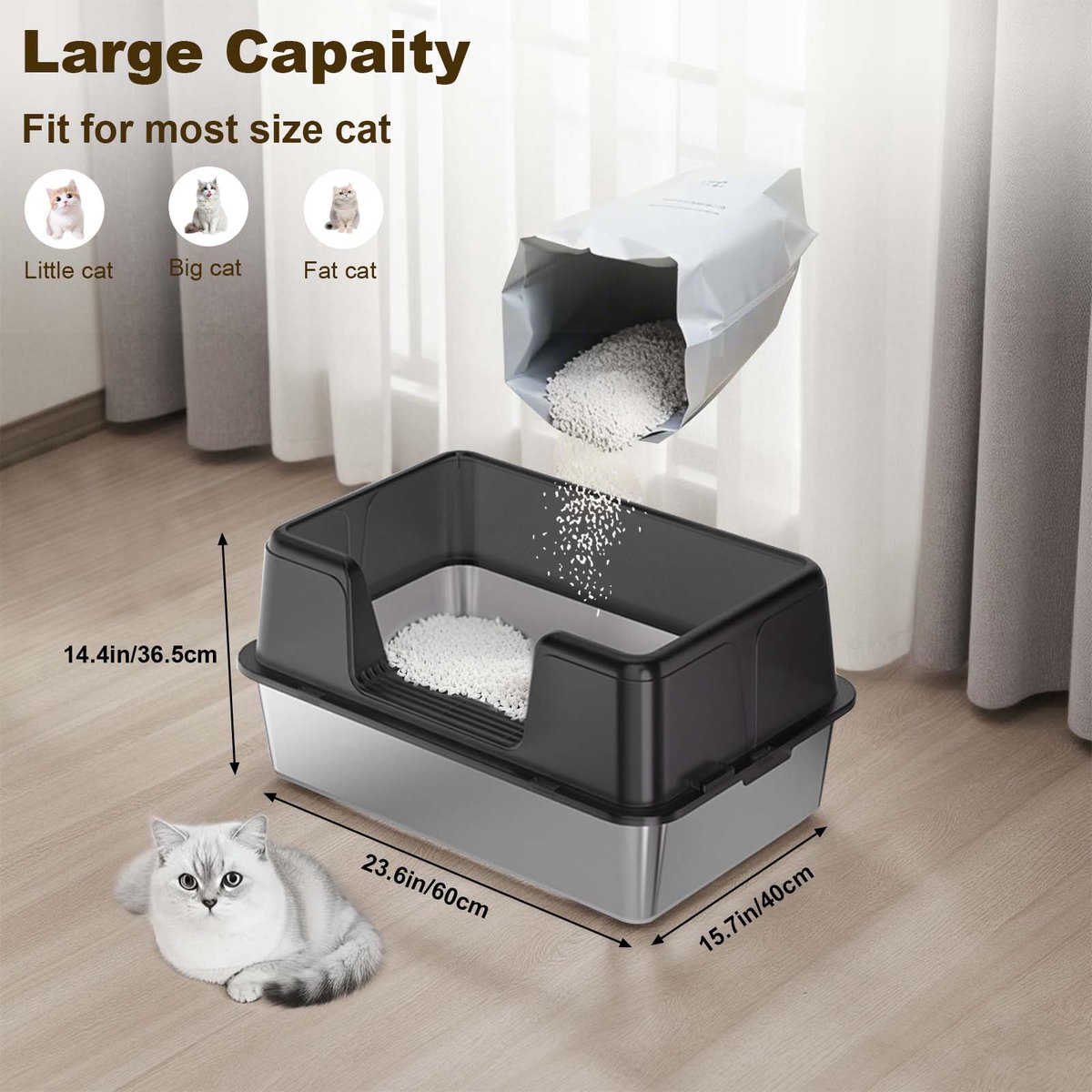 Miniatuur van productfoto 3 van RVS kattenbak - Extra grote metalen kattenbak met hoge randen - geurcontrole - antislip pootjes & schepje - makkelijk te reinigen - 60x40x37 cm - Zwart