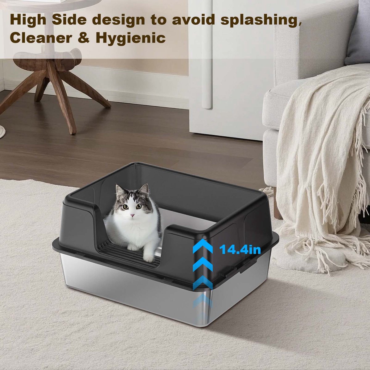 Miniatuur van productfoto 5 van RVS kattenbak - Extra grote metalen kattenbak met hoge randen - geurcontrole - antislip pootjes & schepje - makkelijk te reinigen - 60x40x37 cm - Zwart