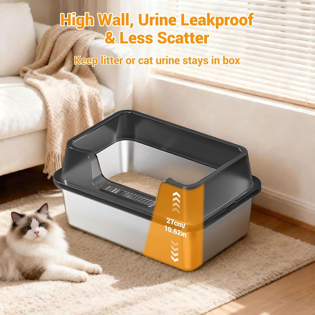 Miniatuur van productfoto 6 van RVS Kattenbak - Kattentoilet Roestvrijstaal - Open Kattenbak - Incl. Kattenbakschep met Houder en Gritopvang Opstapje - 50x35x27cm - Zwart
