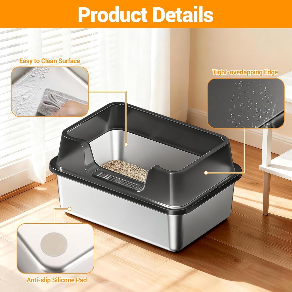 Miniatuur van productfoto 7 van RVS Kattenbak - Kattentoilet Roestvrijstaal - Open Kattenbak - Incl. Kattenbakschep met Houder en Gritopvang Opstapje - 50x35x27cm - Zwart