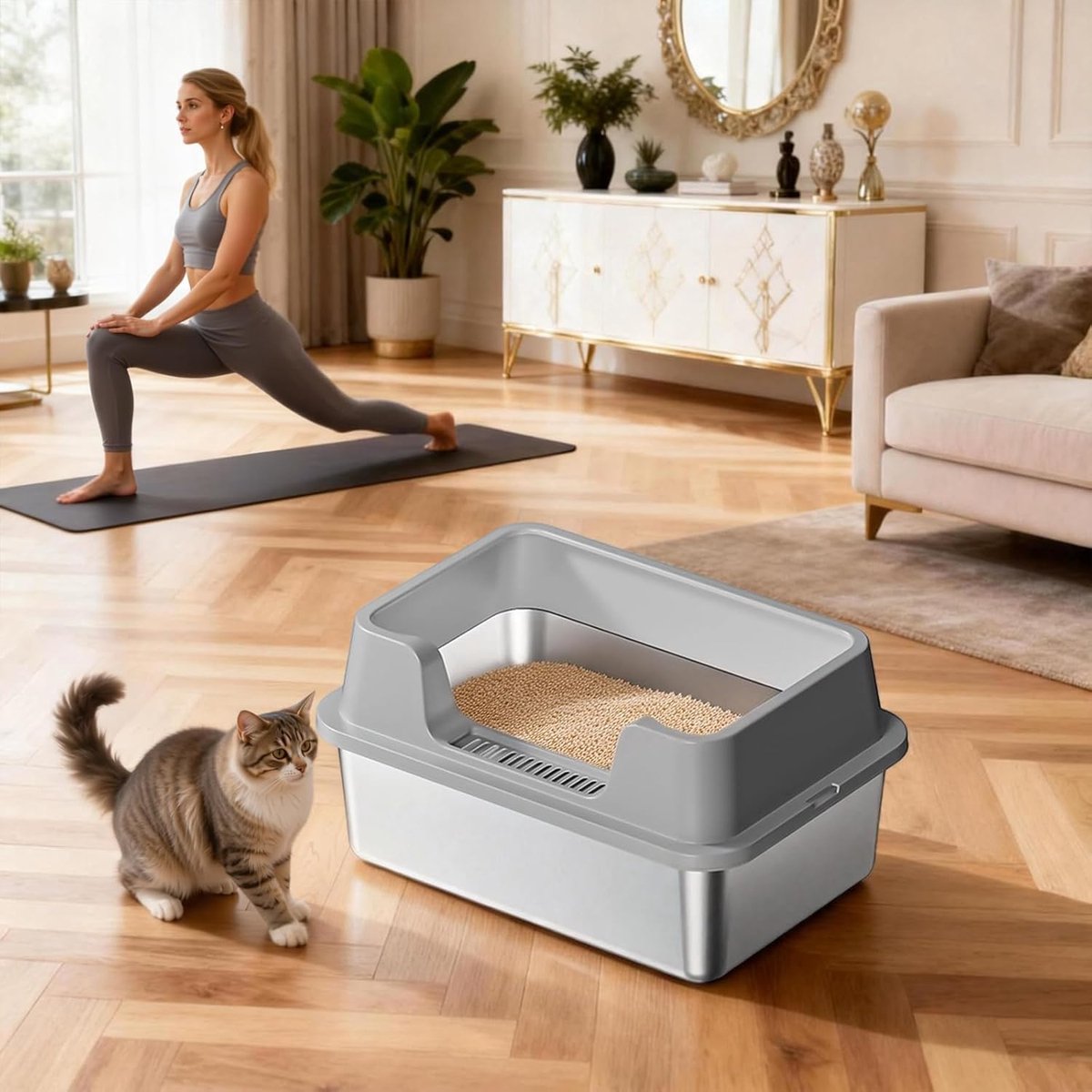 Miniatuur van productfoto 4 van RVS Kattenbak - Kattentoilet Roestvrijstaal - Open Kattenbak - Incl. Kattenbakschep met Houder en Gritopvang Opstapje - 50x35x27cm - Grijs