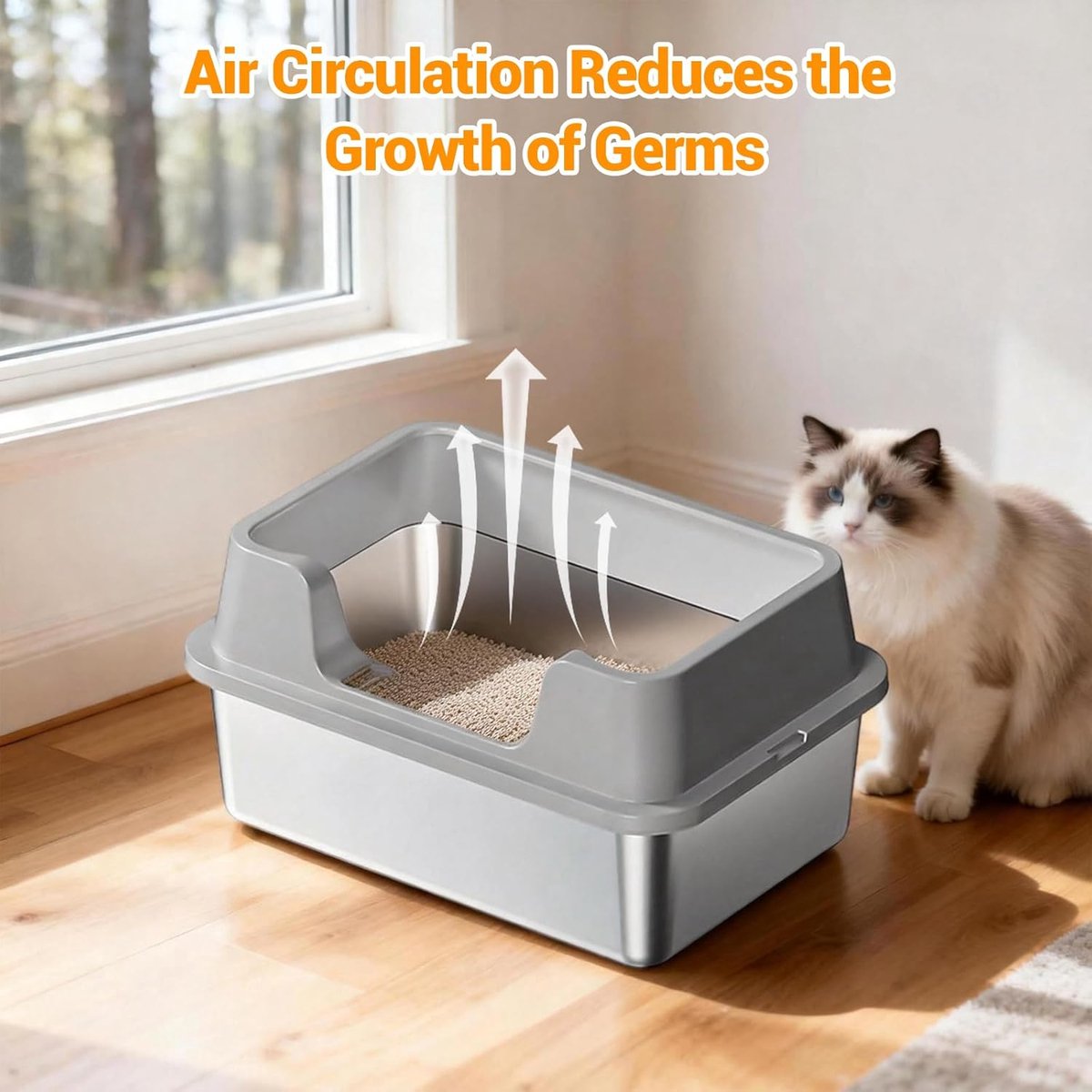 Miniatuur van productfoto 6 van RVS Kattenbak - Kattentoilet Roestvrijstaal - Open Kattenbak - Incl. Kattenbakschep met Houder en Gritopvang Opstapje - 50x35x27cm - Grijs
