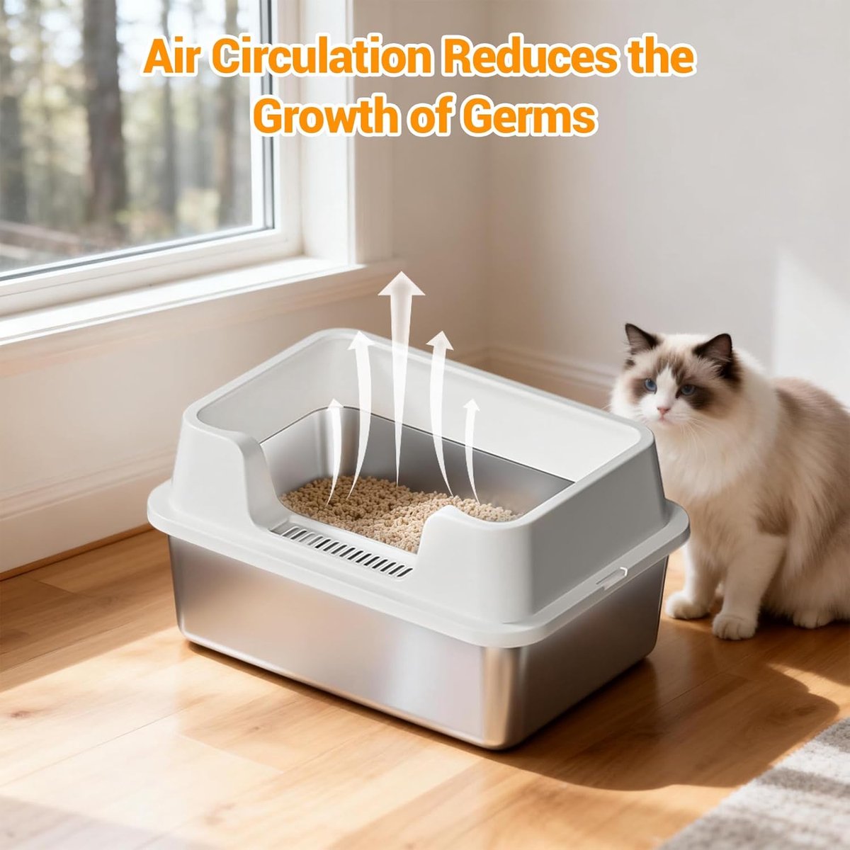 Miniatuur van productfoto 2 van RVS Kattenbak - Kattentoilet Roestvrijstaal - Open Kattenbak - Incl. Kattenbakschep met Houder en Gritopvang Opstapje - 50x35x27cm - wit
