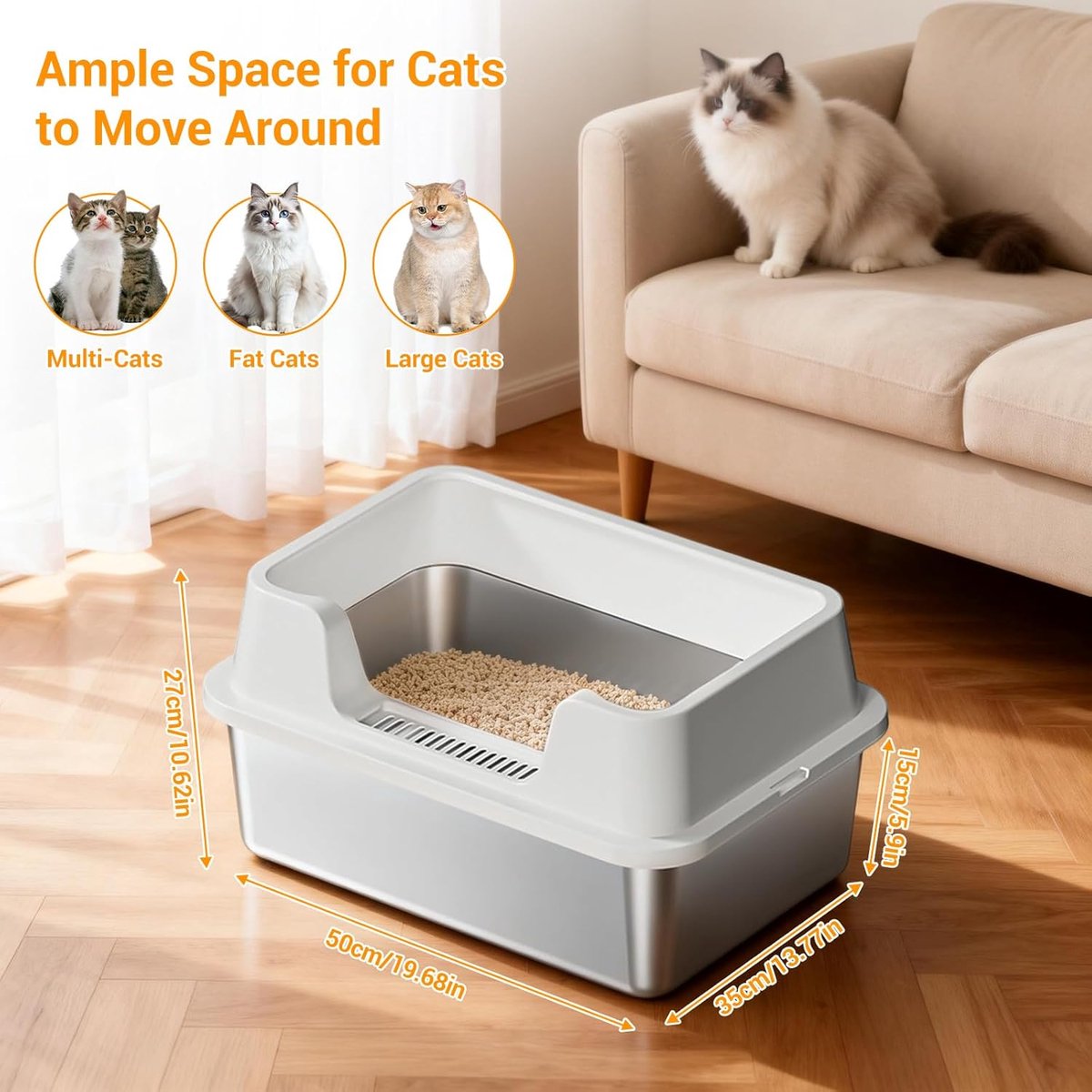 Miniatuur van productfoto 3 van RVS Kattenbak - Kattentoilet Roestvrijstaal - Open Kattenbak - Incl. Kattenbakschep met Houder en Gritopvang Opstapje - 50x35x27cm - wit