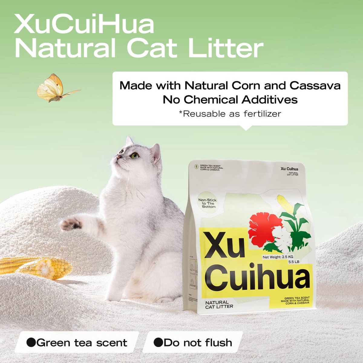 Miniatuur van productfoto 2 van Xu Cuihua Kattenbakvulling 10 kg (4 x 2,5 kg) - Biologisch - Green Tea Scent - Klontvormend - Frisse geur - Geurabsorberend